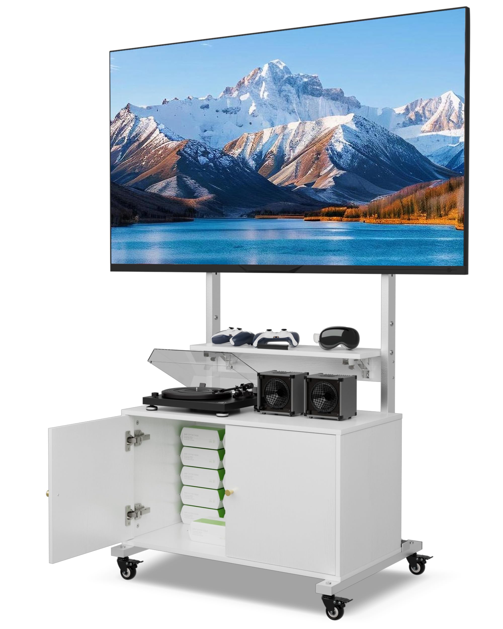 Entertainment Center with TV Mount,Rolling TV Stand with Storage Suitable for 32-75in Screen,TV Floor Stand on Wheels with Foldable Table,Height