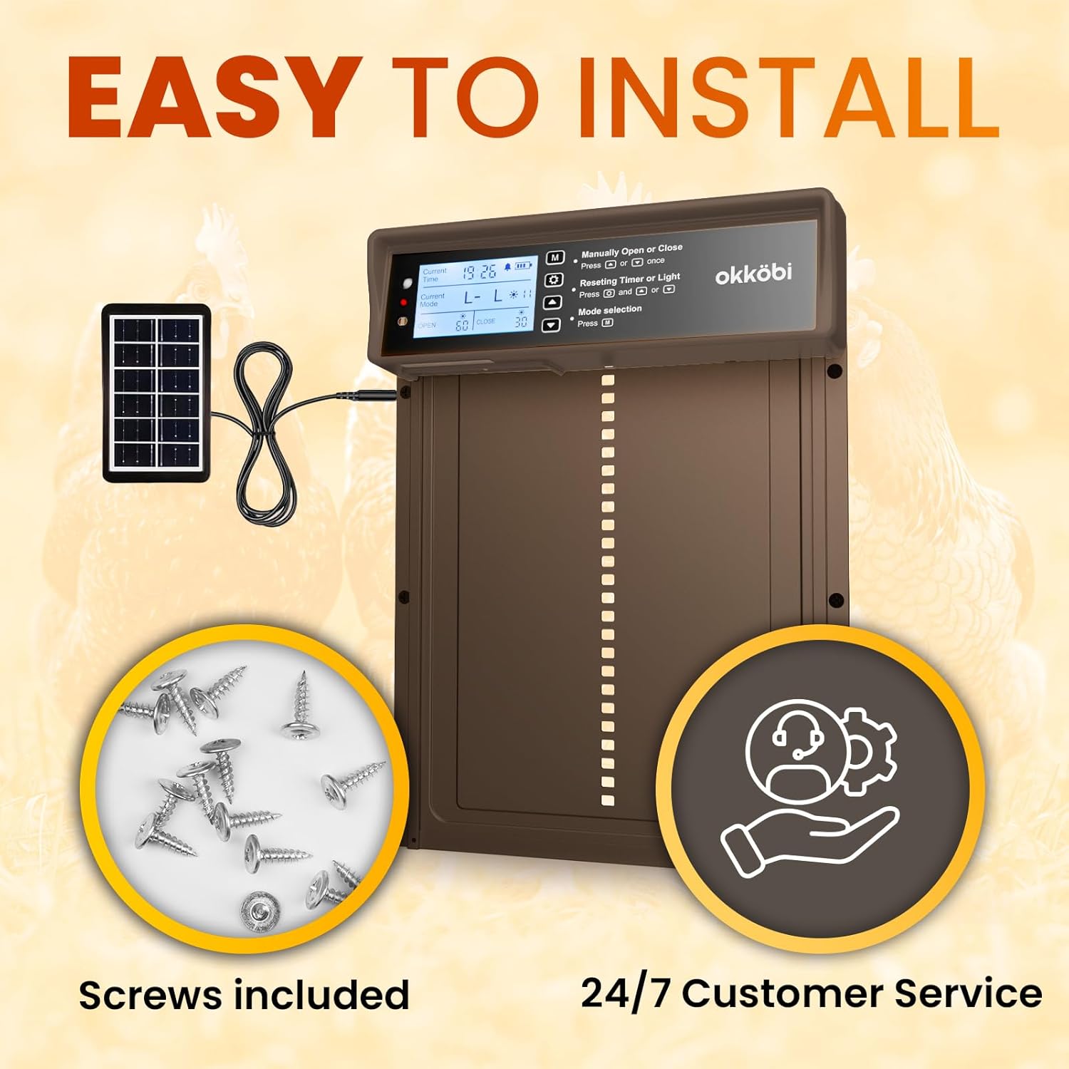 Okkobi Automatic Chicken Coop Door Solar Powered - LCD Display - Light Sensor & Timer - Security & Peace of Mind: Anti-Pinch Function - 5-Year Protection - Dark Brown