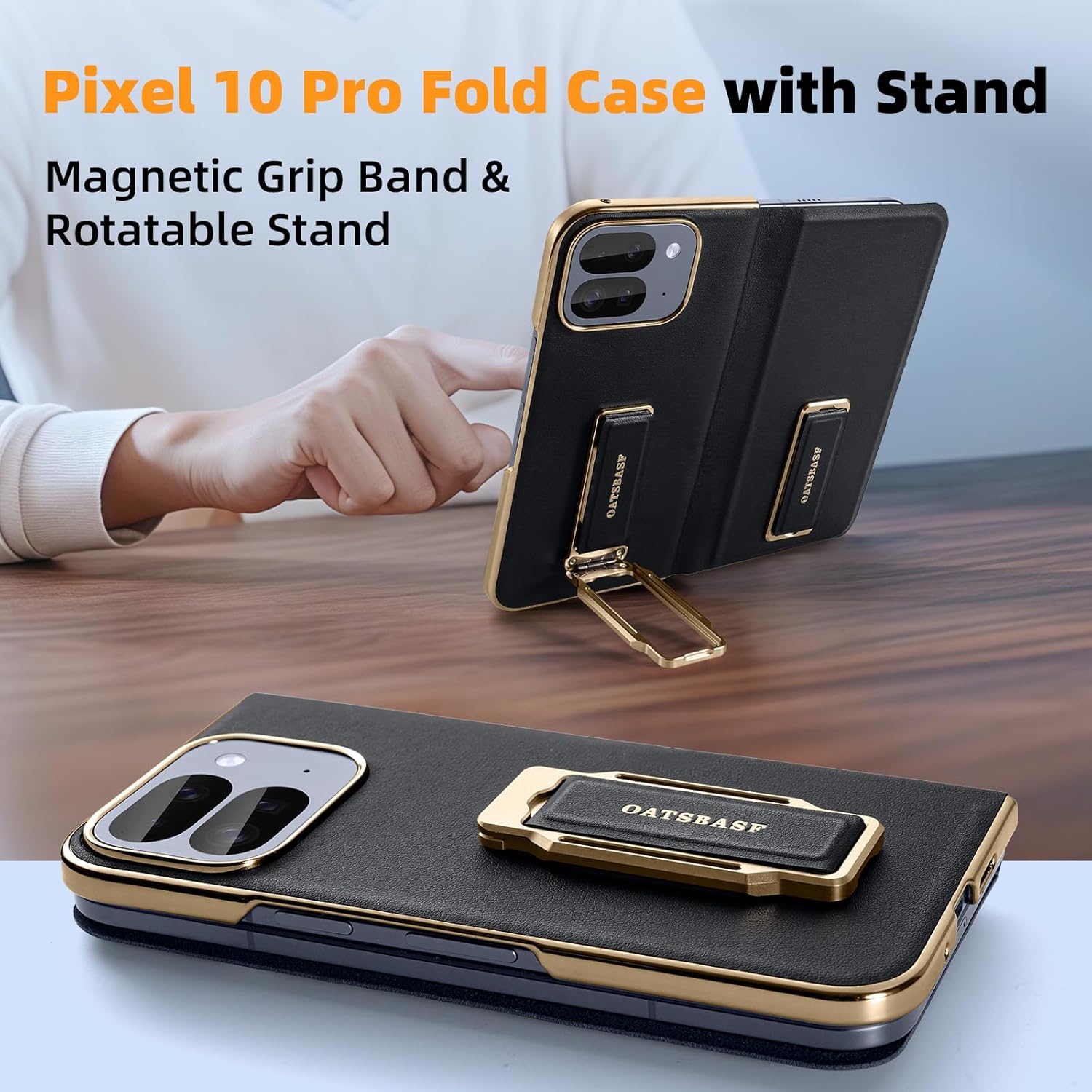 for Google Pixel 10 Pro Fold Leather Case with Grip Ring Finger Strap,360° Rotatable Stand,Built-in Screen Protector Full Body Phone Cases,Anti-Scratch Shockproof Wristband Flip Cover(Black)