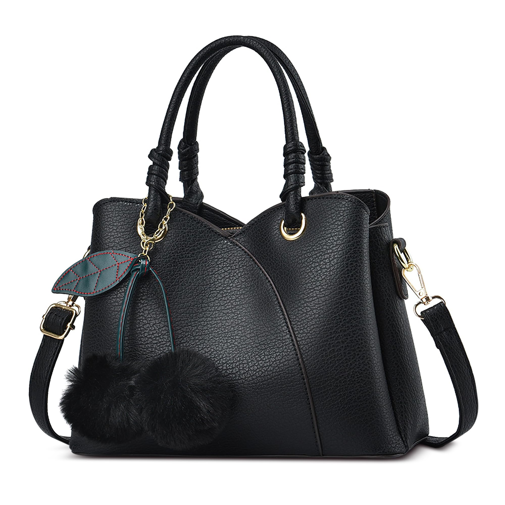 Donna Elegante Borsa a Mano con Pompon Pelle PU Borsa a Tracolla Tasche Multiple Signora per Shopping Viaggio e Lavoro Nero
