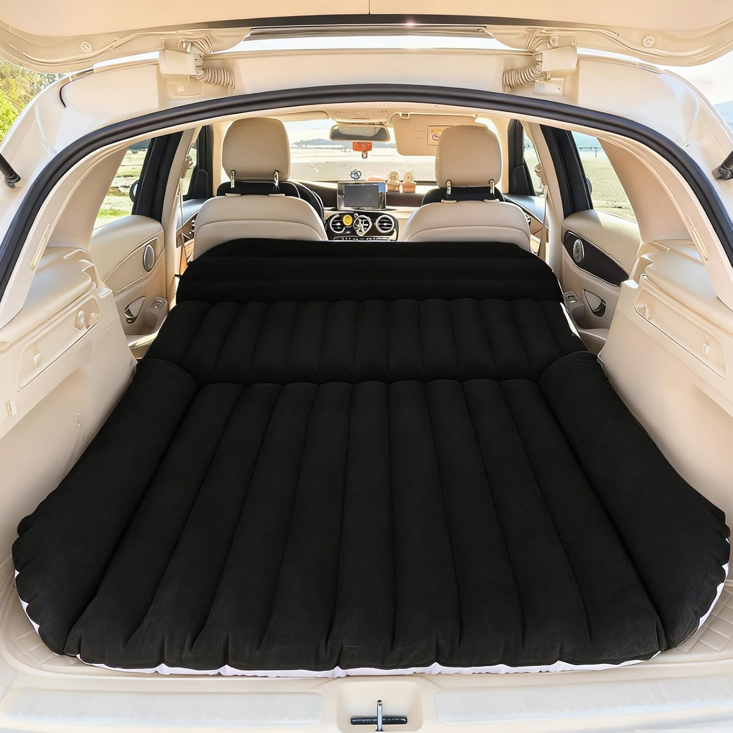 SUV Car Air Mattress – Inflatable Back Seat Bed with Electric Air Pump, Portable Camping Travel Sleeping Pad, Blow Up Car Bed (Black)
