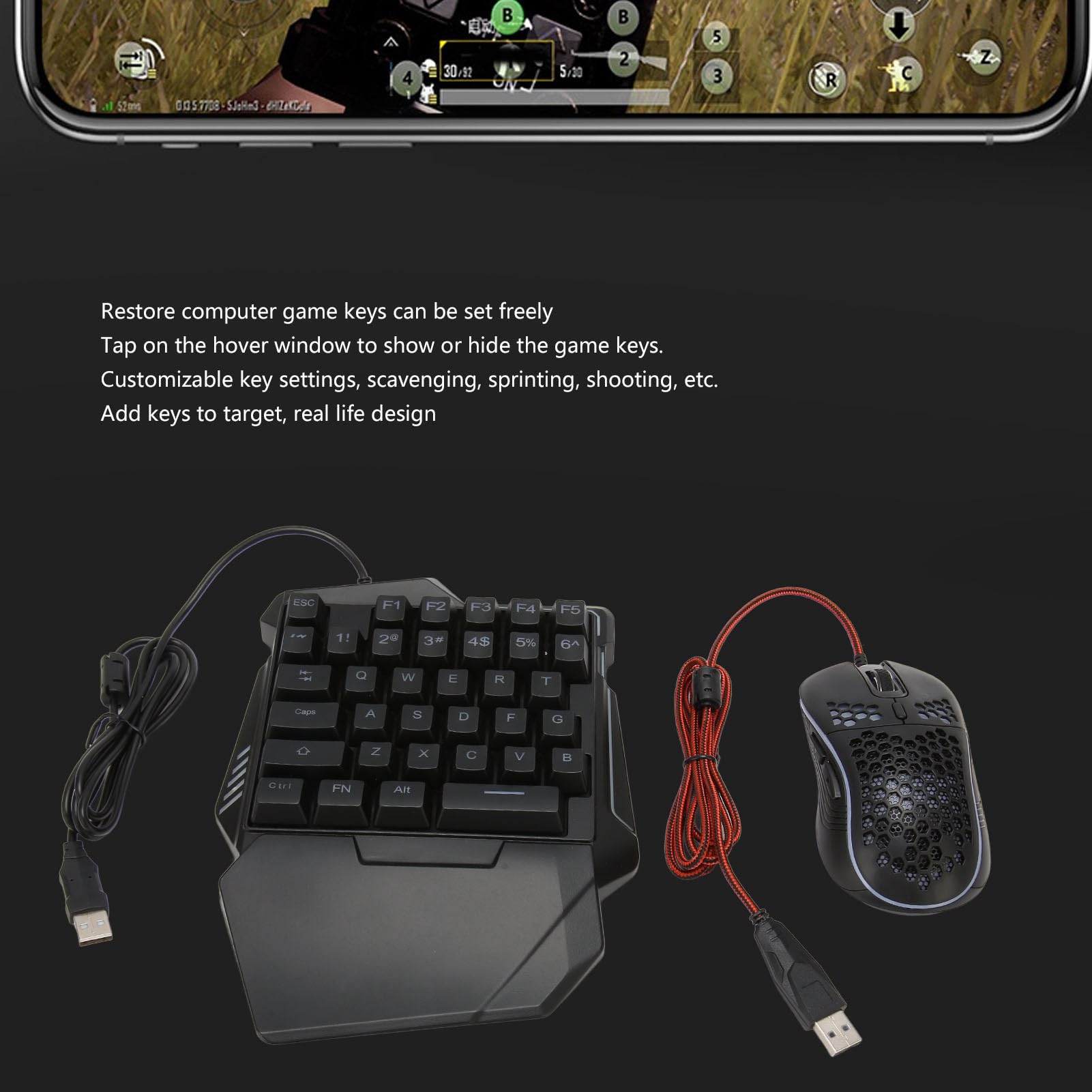 Luocute Combo de Juegos con Medio Teclado y Ratón con una Mano con LED RGB, Teclados para Juegos de PC y Convertidor de Ratón con Cable RGB Medio con Adaptador Convertidor con Cable