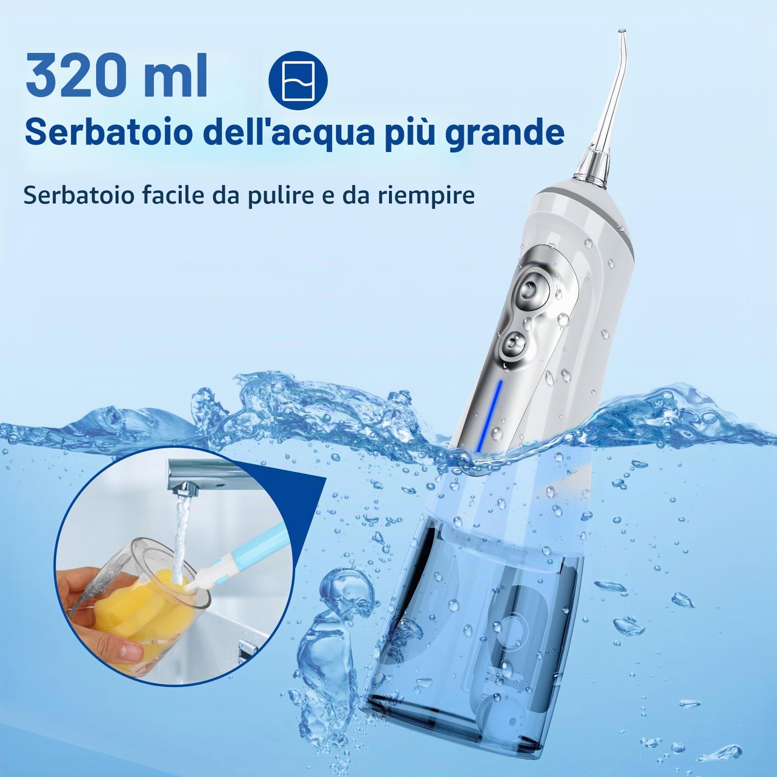 NBGRLVS Plettri per la pulizia dei denti, 6 modalità, 6 punte e custodia per acqua, filo interdentale, senza fili, 320 ml, IPX 7, impermeabile, ricaricabile, portatile, pulitore elettrico per la casa