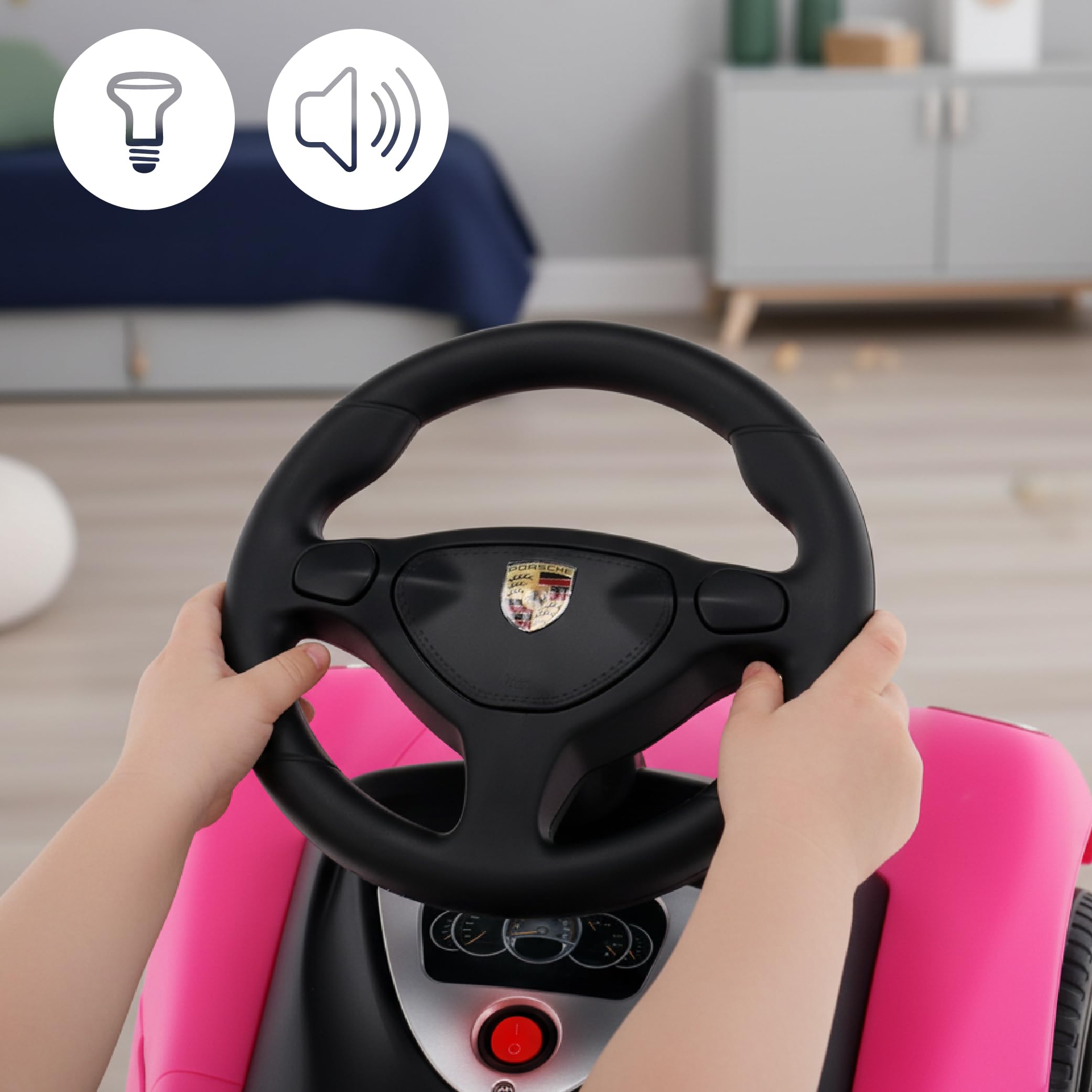 sun baby Rutschauto ab 18 Monaten – Porsche Carrera GT – Lenkrad mit Knöpfen, Scheinwerfer, realistische Aufkleber, bis 30 kg, Rosa