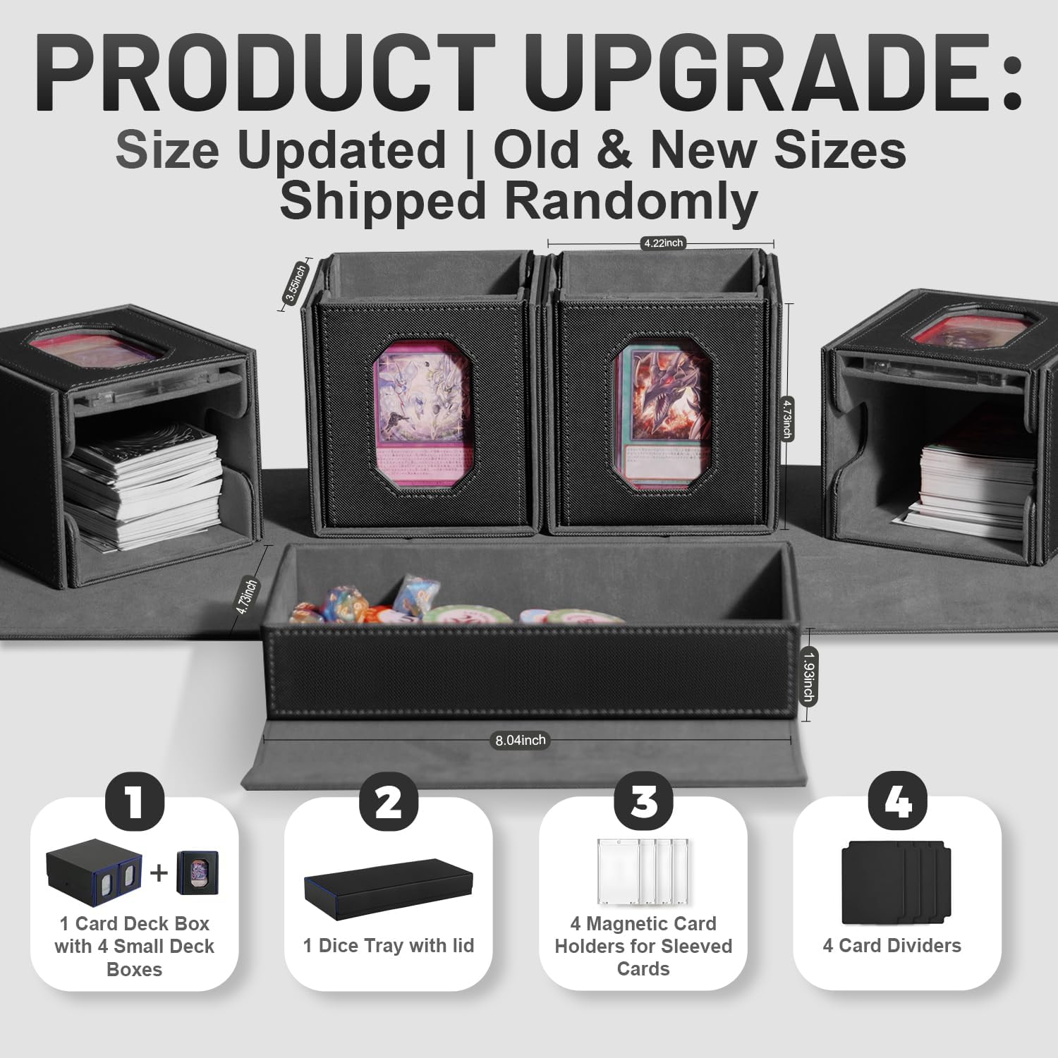 Trading Card Storage Box with Commander Display for MTG, TCG, Sports Cards, 5-in-1 Card Deck Box, Holds 450+ Double-Sleeved Cards, 4 Individual Deck Cases with Covers, Dice Tray & Magnetic Holders