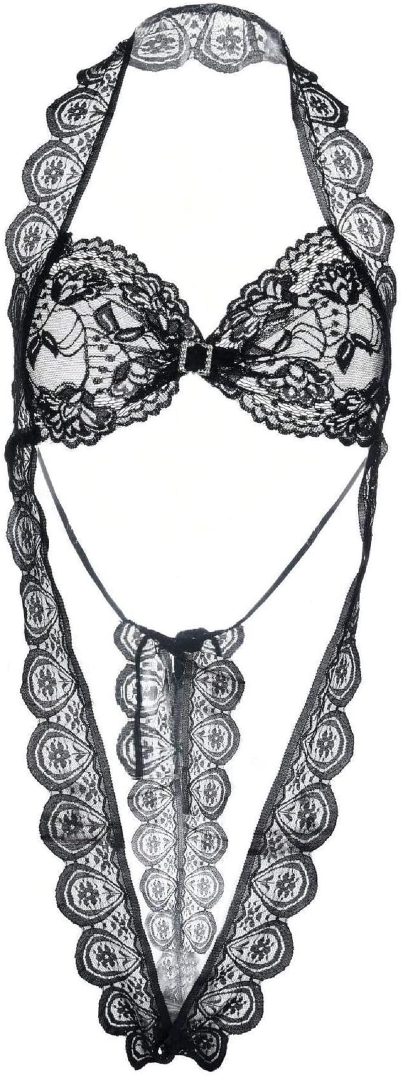 CAJUCAWomen Deep V Lingerie Transparent Lace Babydoll Mini Bodysuit Backless Nightwear-Black.9056, 12 Years