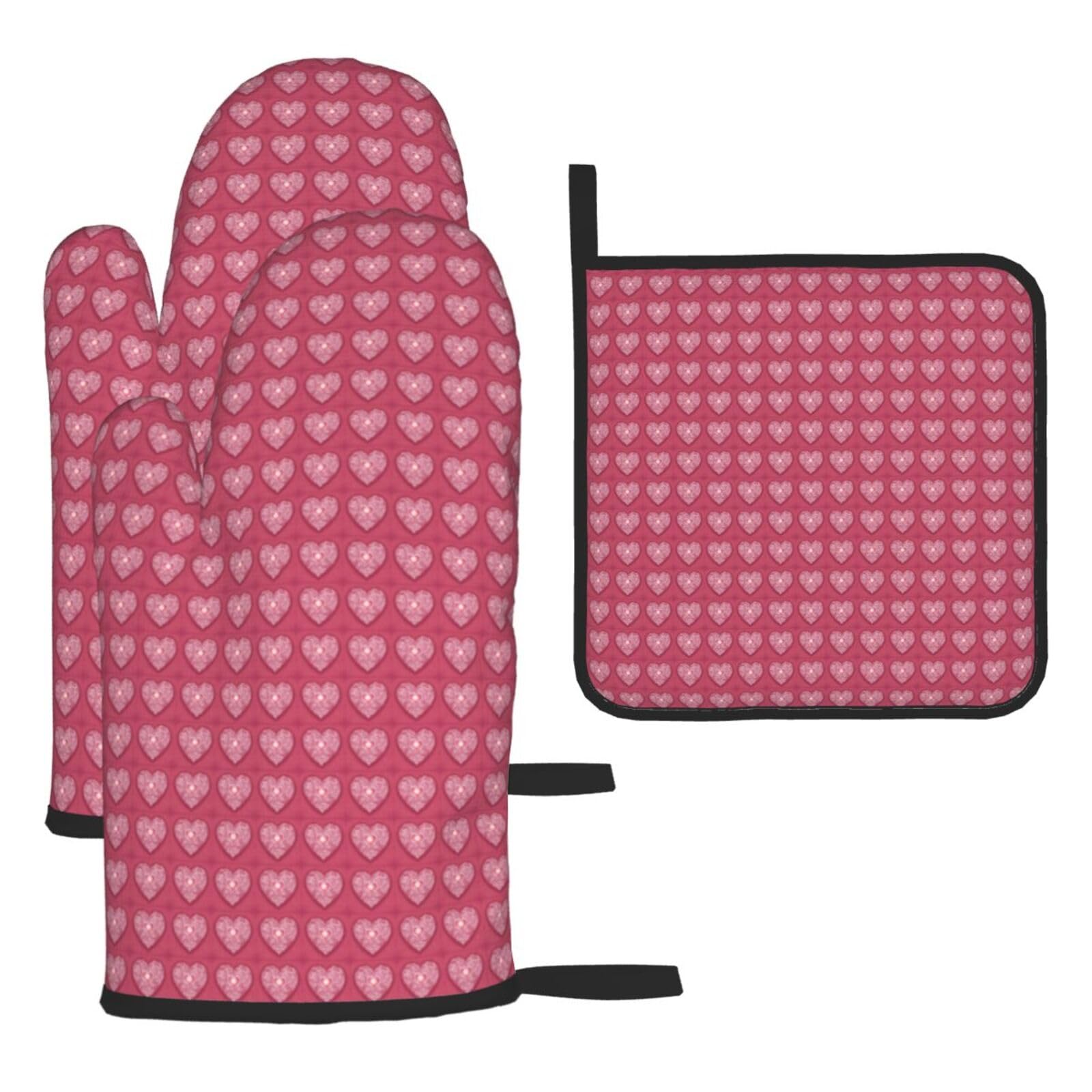 Romantic Heart Print Oven Mitts Kitchen Gloves Set Everyday Baking Grilling Microwaving Cooking Gift