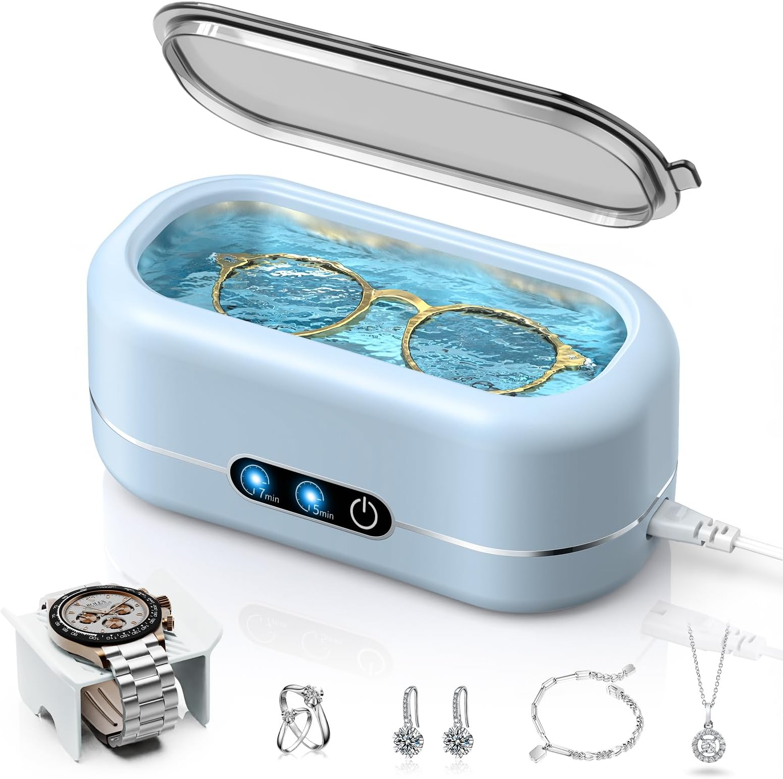 Ultrasonic Jewelry Cleaner, Upgraded Jewelry Cleaner Ultraonic Machine 48KHz for All Jewelry, Eyeglasses, Watches Strap, Dentures, Retainers & More - Light Blue