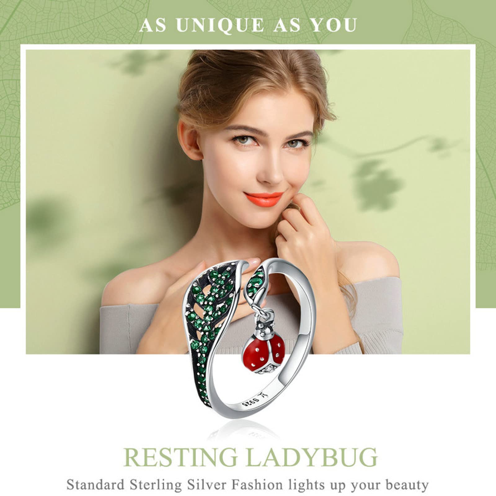 925 Argento Sterling Resting coccinella pendente in Tree leaves finger anelli per le donne gioielli in argento regalo