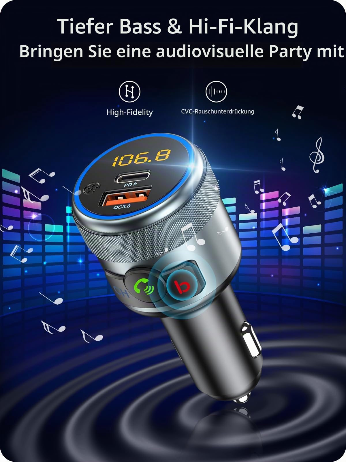 LENCENT Auto Bluetooth FM Transmitter, Wireless Bluetooth Adapter Auto FM Radio Adapter Drahtloses Radio Transmitter Freisprecheinrichtung mit Typ-C PD 20W QC3.0 18W Schnellladung