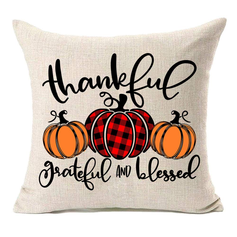 MFGNEH Thankful Grateful and Blessed Thanksgiving Decorations Pillow Covers 18x18 Inch Fall Decor Pumpkin Throw Pillow Case Cushion Cover