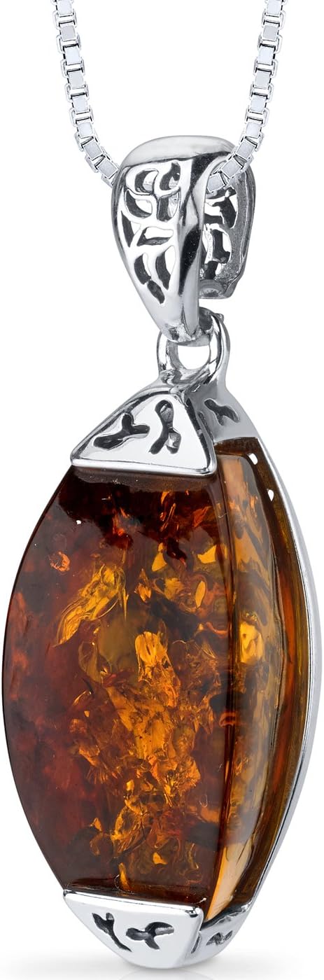 PEORA Genuine Baltic Amber Designer Gallery Pendant Necklace, Earrings and Bracelet in Sterling Silver, Rich Cognac Color, 100% Natural from Baltic Region, Real Baltic Amber Jewelry for Adults