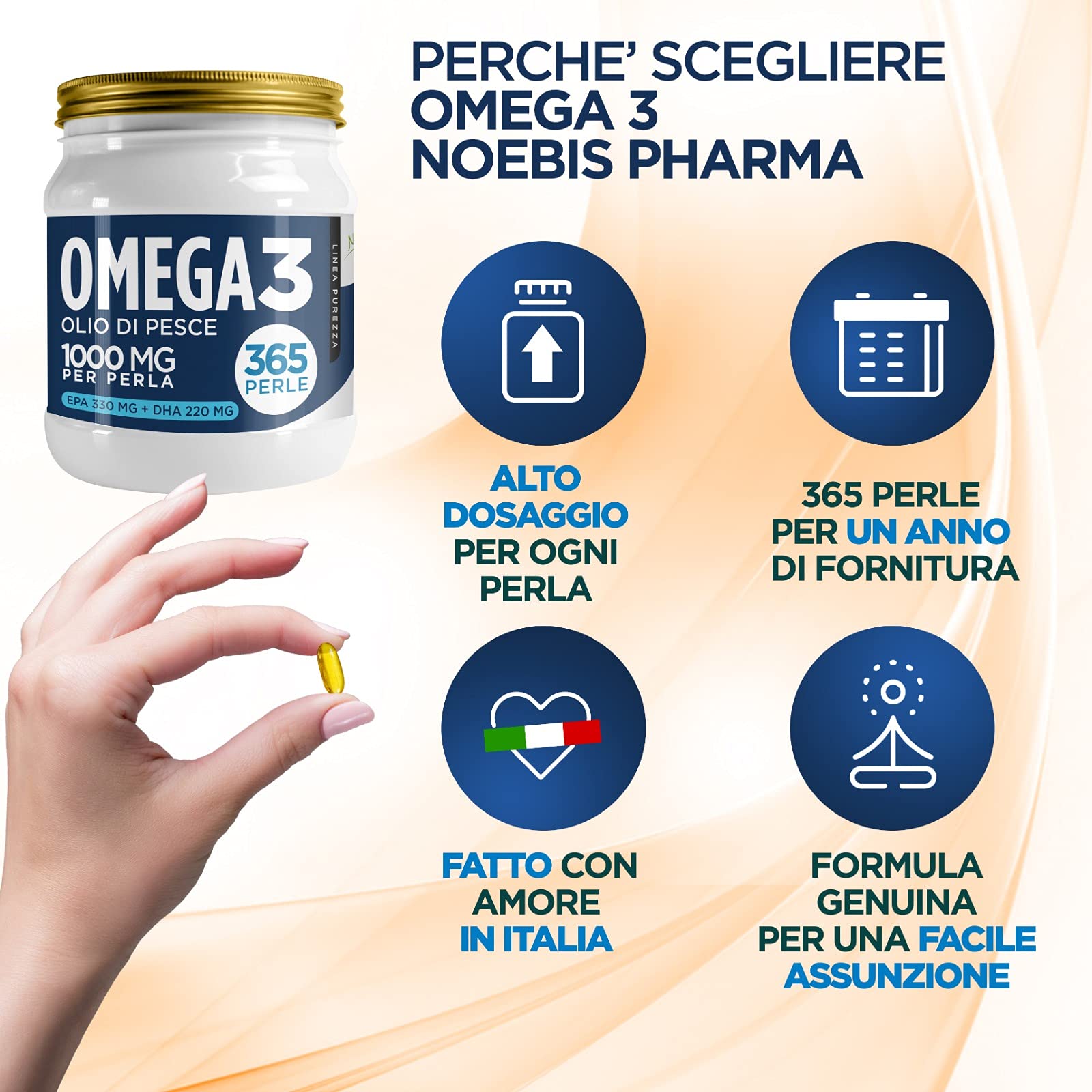 Omega 3-365 Perle Softgels - 1 Grammo di Olio di Pesce per 1 Perla Softgel - EPA 330 mg e DHA 220 mg - Acidi Grassi Essenziali Omega3 ad Alto Dosaggio - Puro Fish Oil