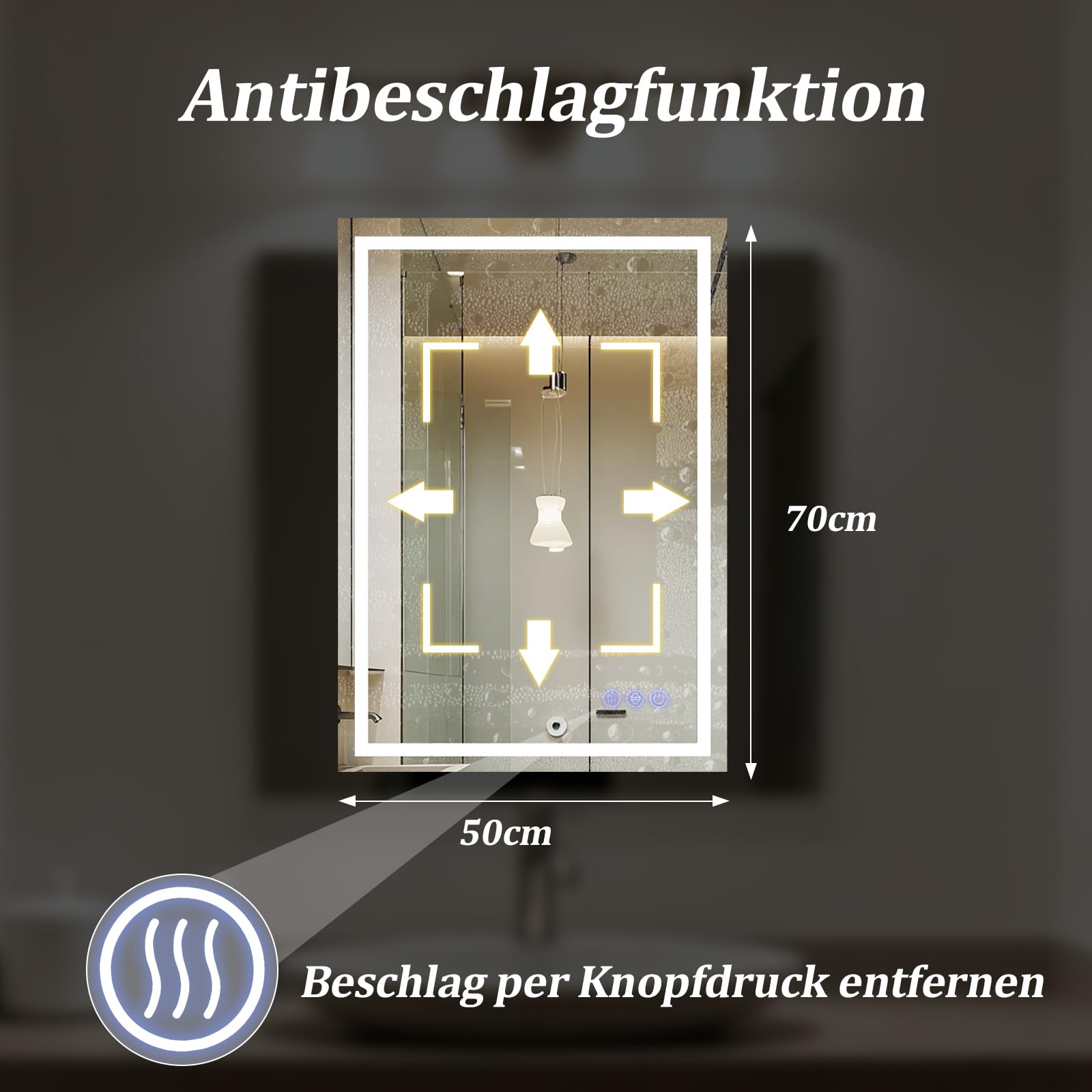Koonmi 70x50 cm LED Badezimmerspiegel - 3 Einstellbare Beleuchtungsmodi, Beleuchteter intelligenter Badezimmer Spiegel mit Front- und Rücklicht, Memory-Funktion, wandmontiert horizontal und vertikal