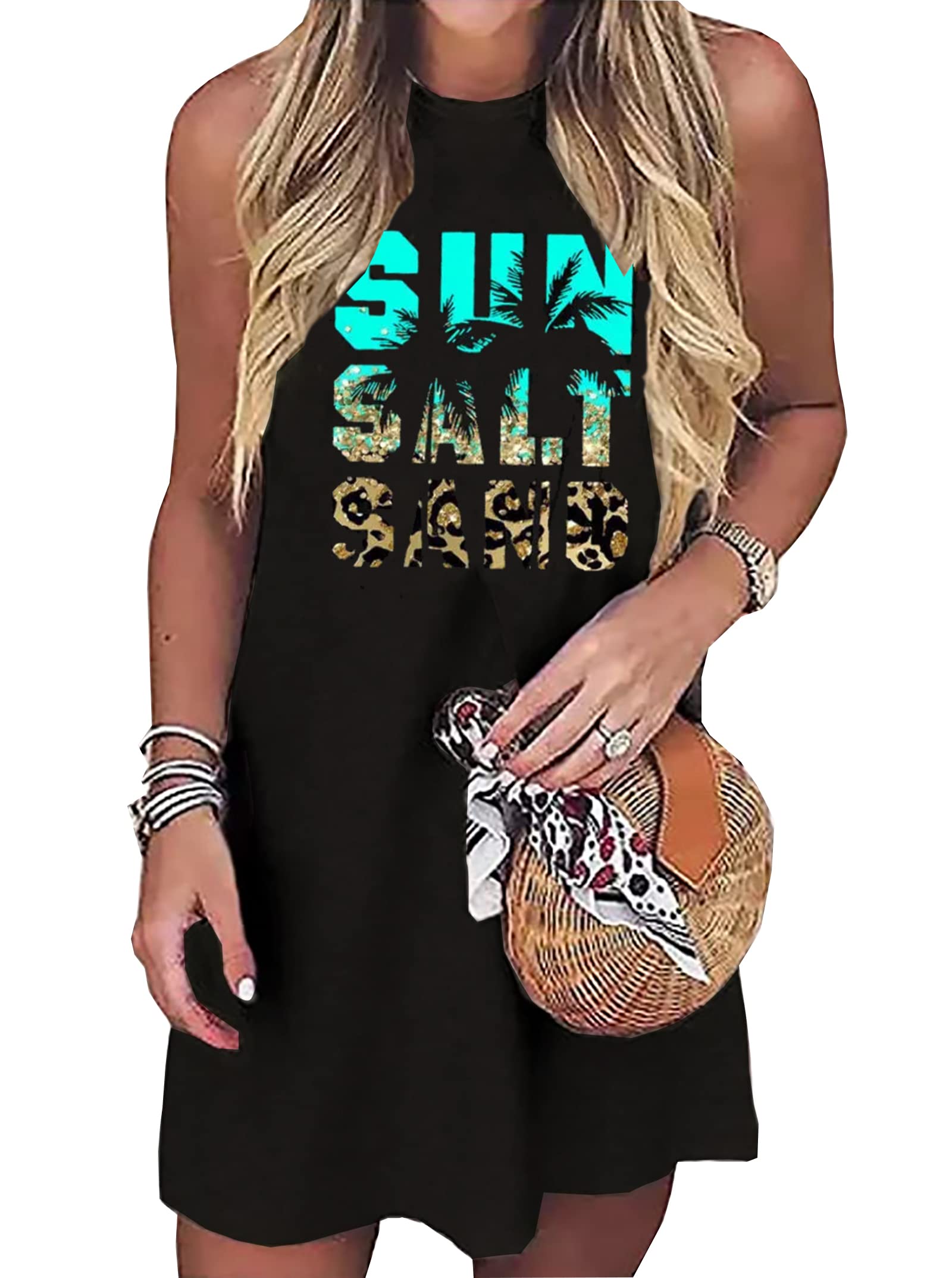 Sun Salt Sand Coconut Tree Tank Mini Dress for Women Sleeveless Beach Praty Shirts Summer Vacation Short Mini Dresses