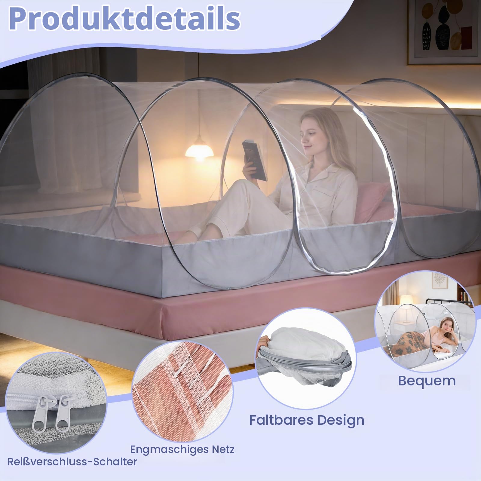 BigKing Reise Moskitonetz Bett, Moskitonetz Pop Up – Leichtes, Falbbares Mückennetz für Camping, Reisen und Zuhause – 360° Schutz mit Reißverschluss, Einfache Montage und Atmungsaktiv (B)