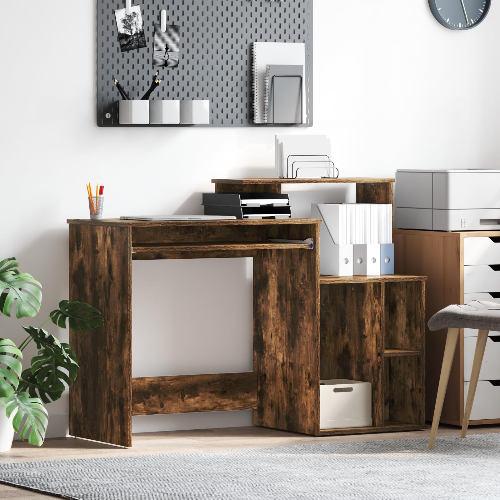 Bureau en chêne fumé 120,5 cm avec étagères et tiroir en bois pour espace de travail