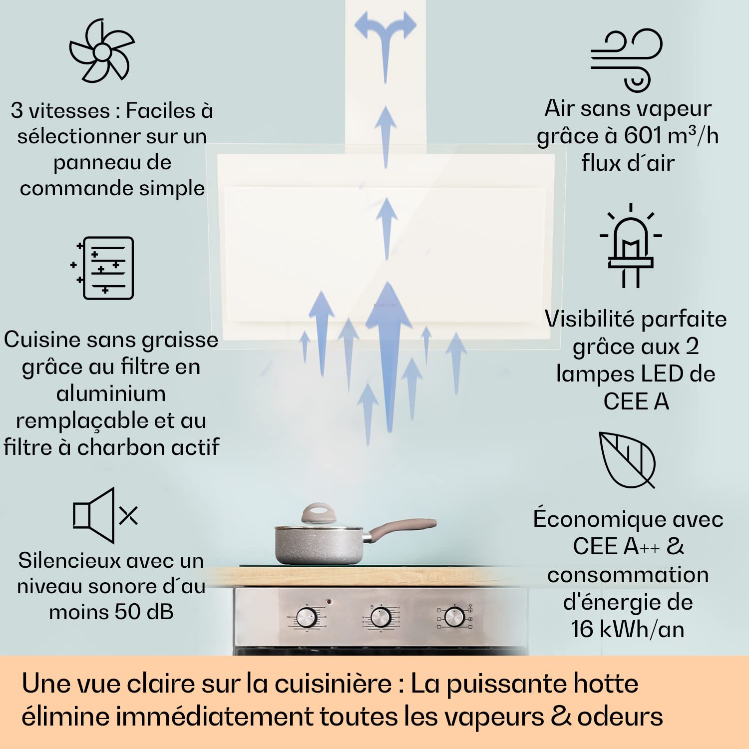 Klarstein Hotte Aspirante 90cm, Hottes de Cuisine Inclinées, Filtre de Hotte en Aluminium, Débit d'Air Puissant 601m³/h, LED, Ecran Tactile, Extracteur d'Air Silencieux, Hotte Efficace avec Evacuation