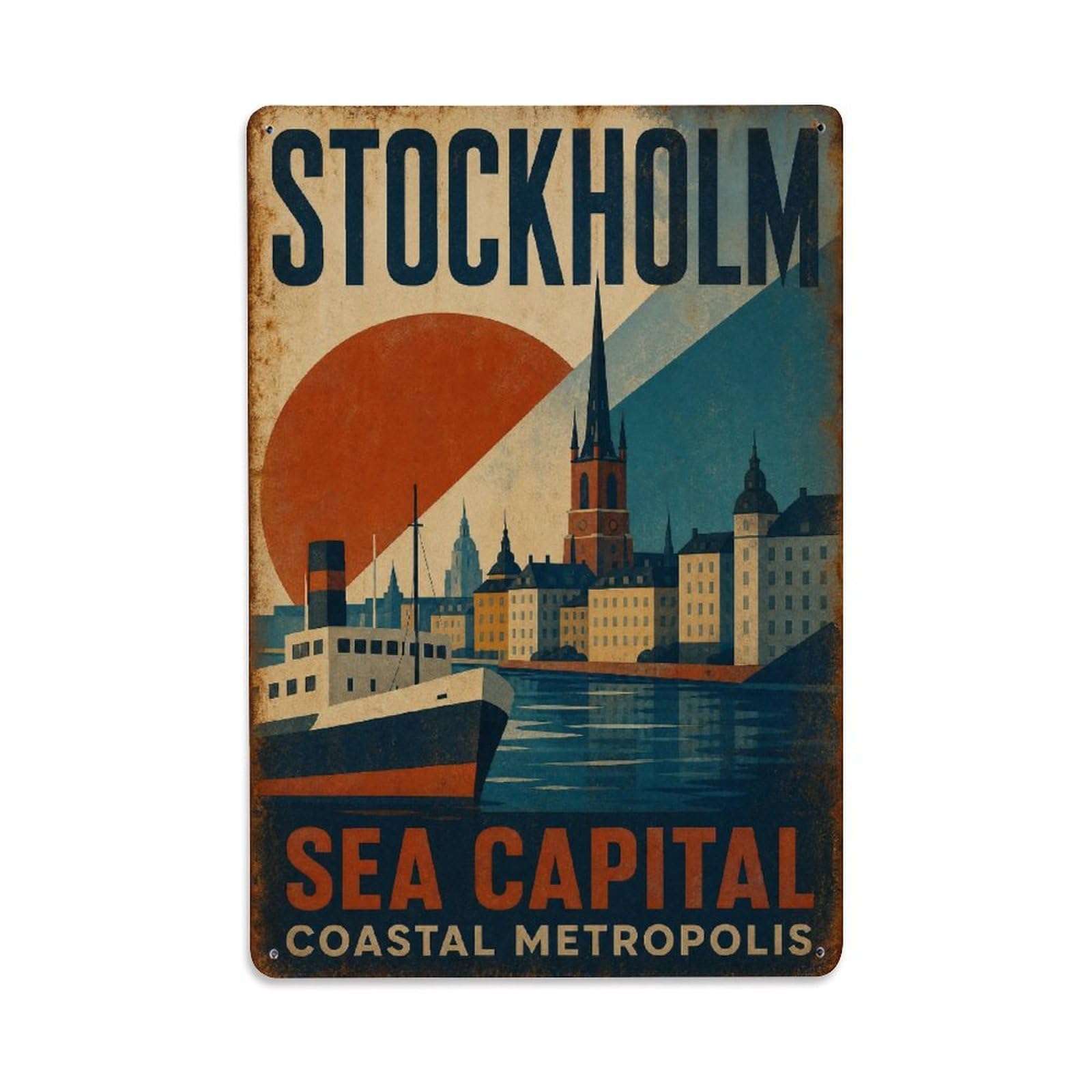 Huiyhb 8X12inch(20X30cm) Vintage Travel Stockholm Maritime City Sweden Metal Tin Sign