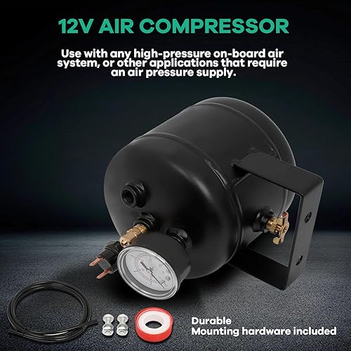 Miniatura 4 de STAYTOP Tanque de compresor de aire de 0.5 galones, 5 puertos, con interruptor de calibre de aire, reemplazo para suspensión neumática, bocina de