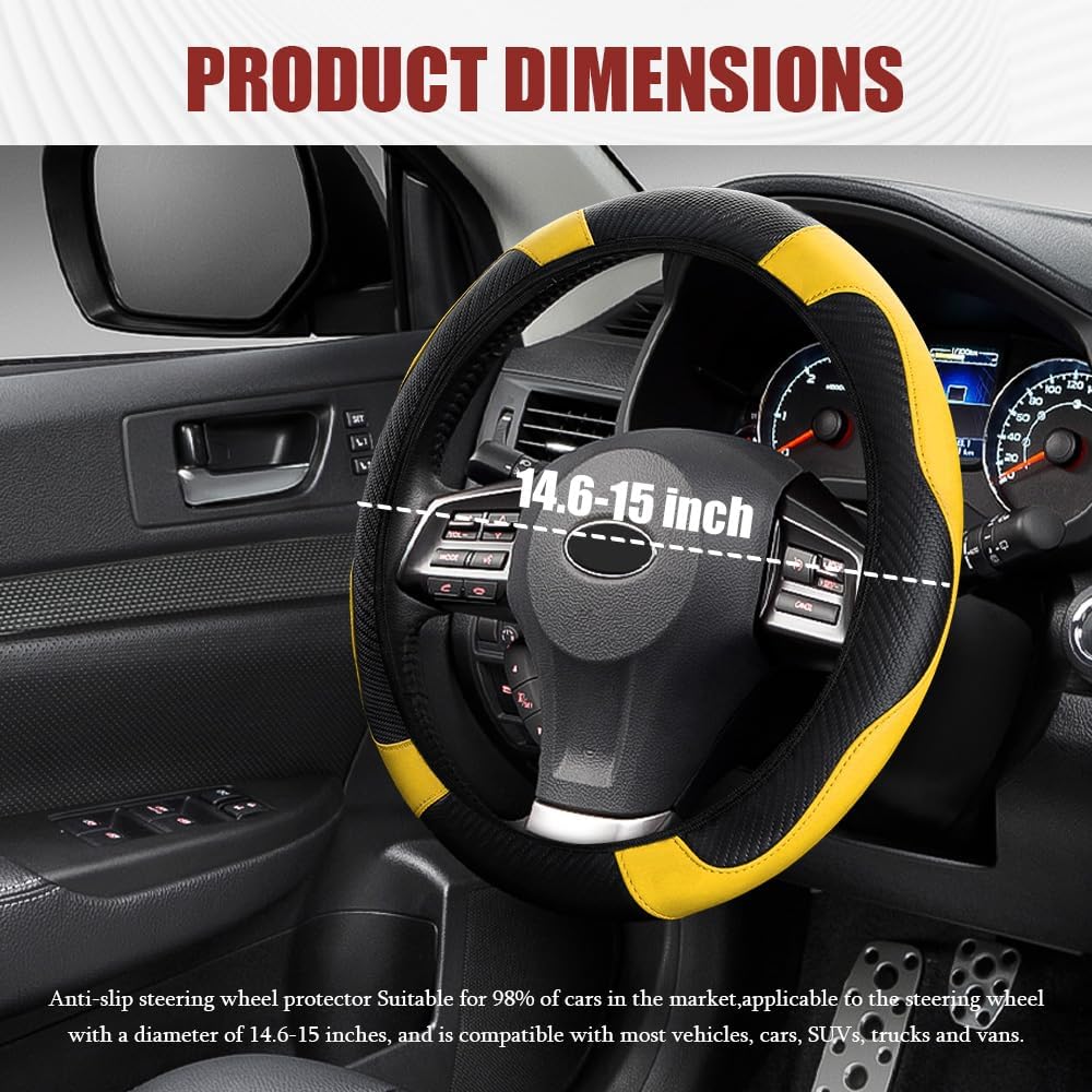 Car Steering Wheel Cover, Steering Wheel Protector, Universal 14.5-15 Inch Microfiber Leather Breathable Auto Steering Wheel Covers, Carbon Fiber Steering Wheel Cover for Women Men (Yellow) - Image 2