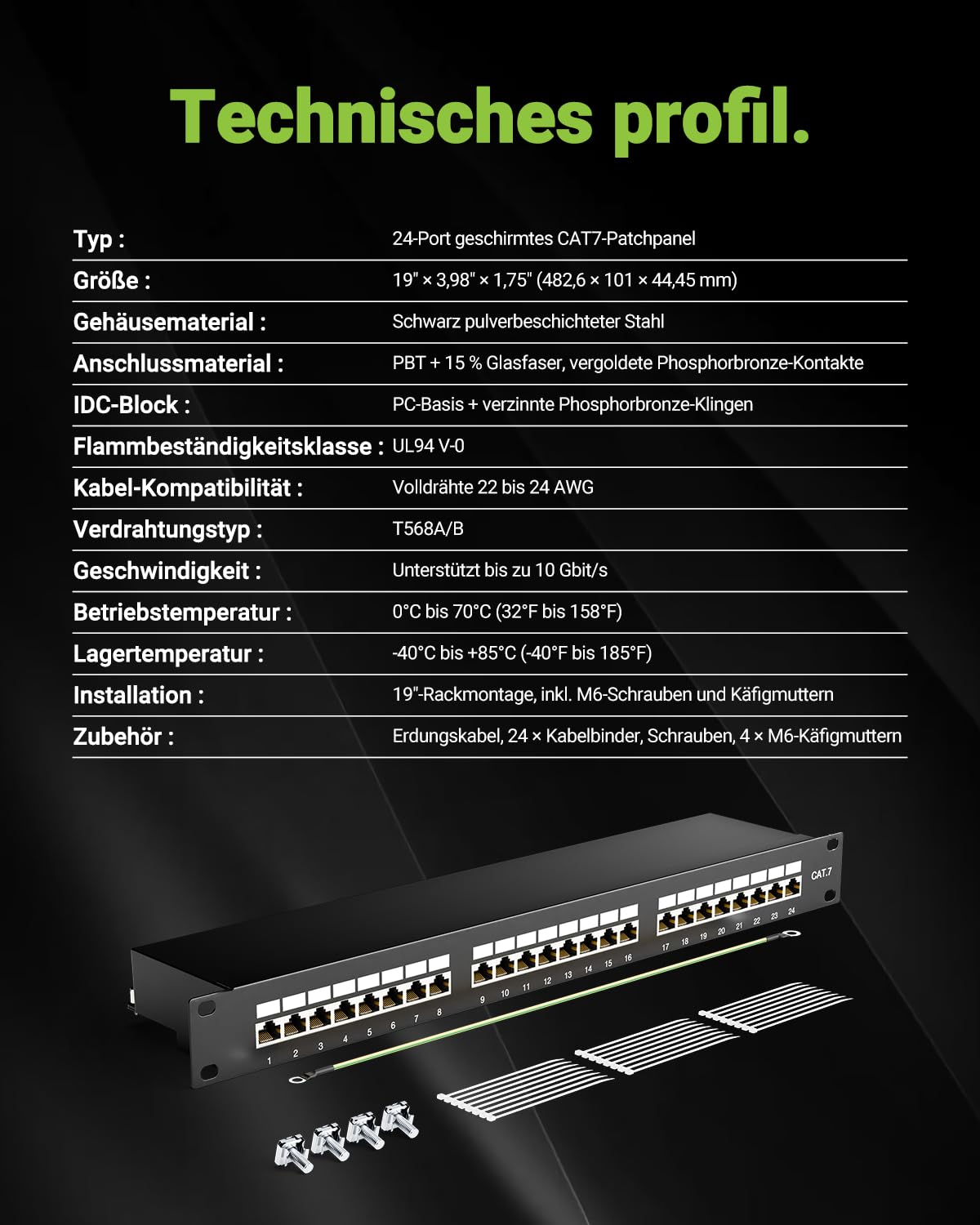 Geschirmtes 24 Port CAT7 Patchpanel Verteilerfeld, 10 Gbit/s, Vergoldete Patchpanel 19 Zoll für Cat7/6A/6 Verlegekabel, Metallgehäuse mit Erdung für Wandmontage und Heimvernetzung