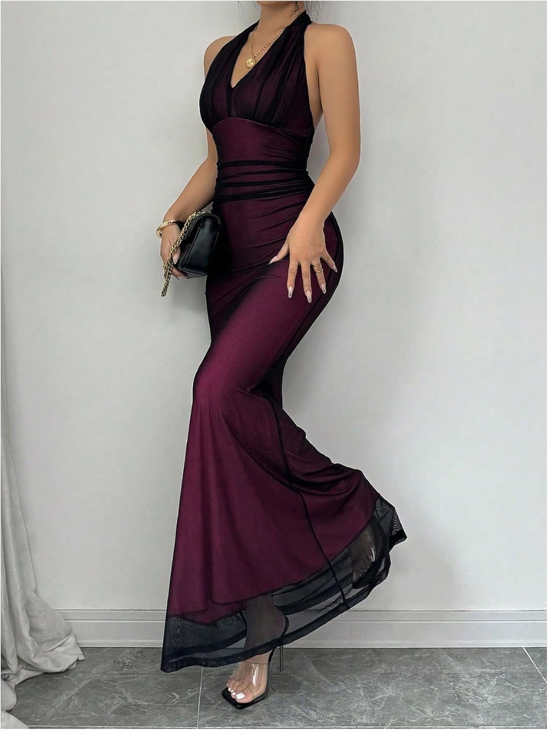 GORGLITTER Women's Mesh Halter Wedding Guest Maxi Dresses Backless Ruched Sleeveless Bodycon Dress - Image 2