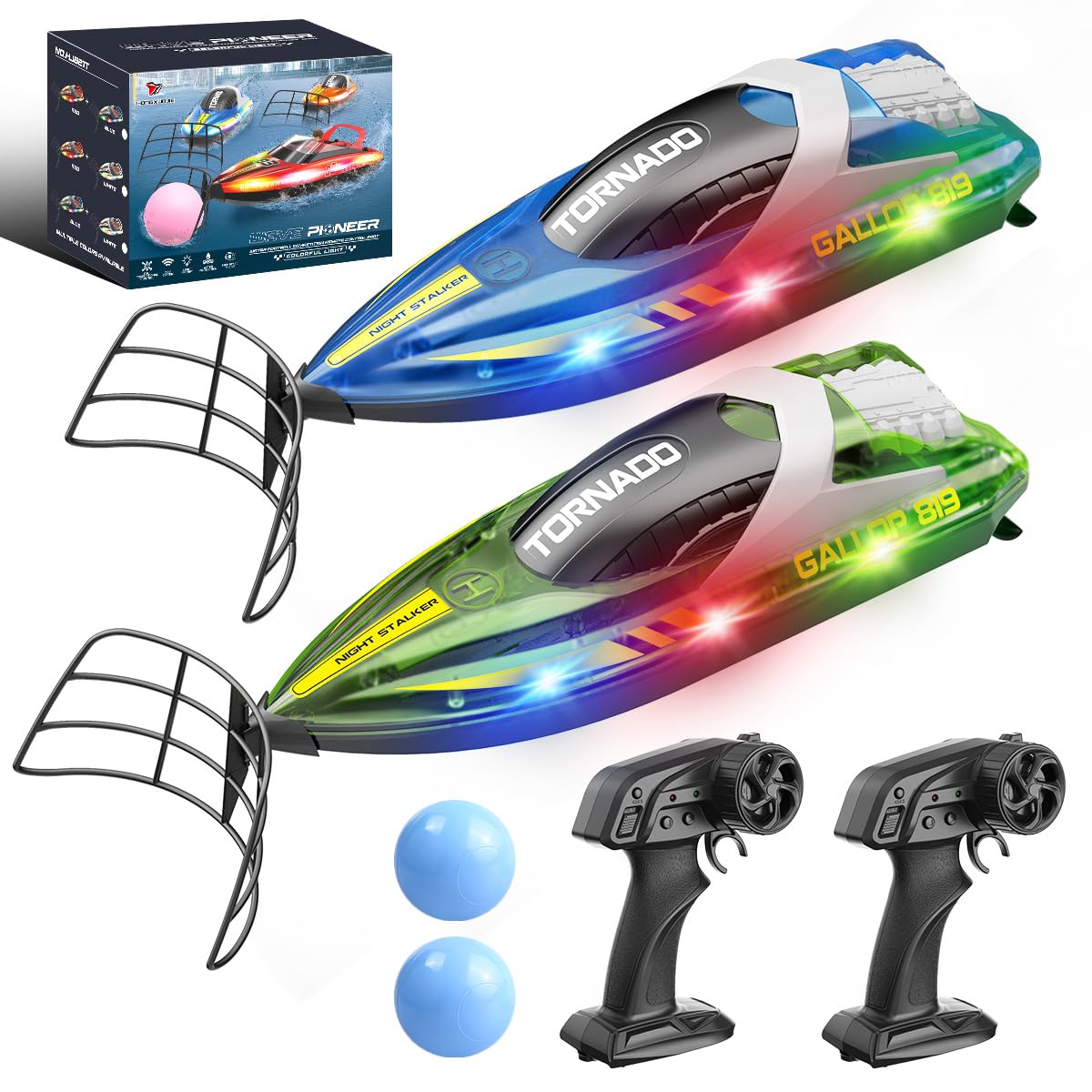 Barco Teledirigido RC 2 Unidades, Control Remoto 2.4GHz,Doble Hélice, Modo Dual de Velocidad, Luces LED, función Flip automática, 4 Baterías Recargables,para Niños y Adultos, Ideal para Piscina y Lago