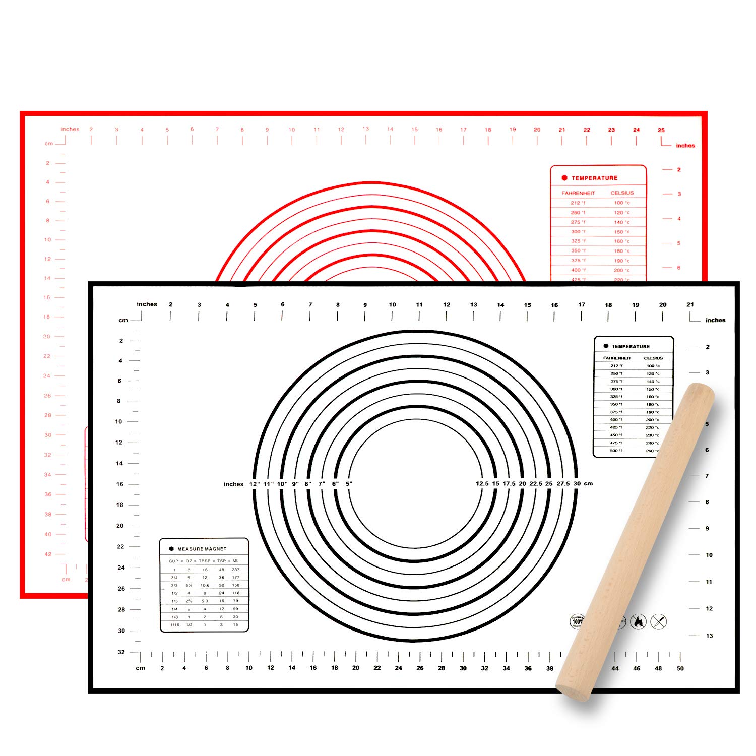 PHOGARY Silicone Baking Mat Sheet with Measurements, 2 Extra Large Pastry Mat for Rolling Dough with Rolling Pin, Non-slip & Non-stick Reusable Rolling Mat, 50cmx70cm, 40cmx60cm (Red + Black)