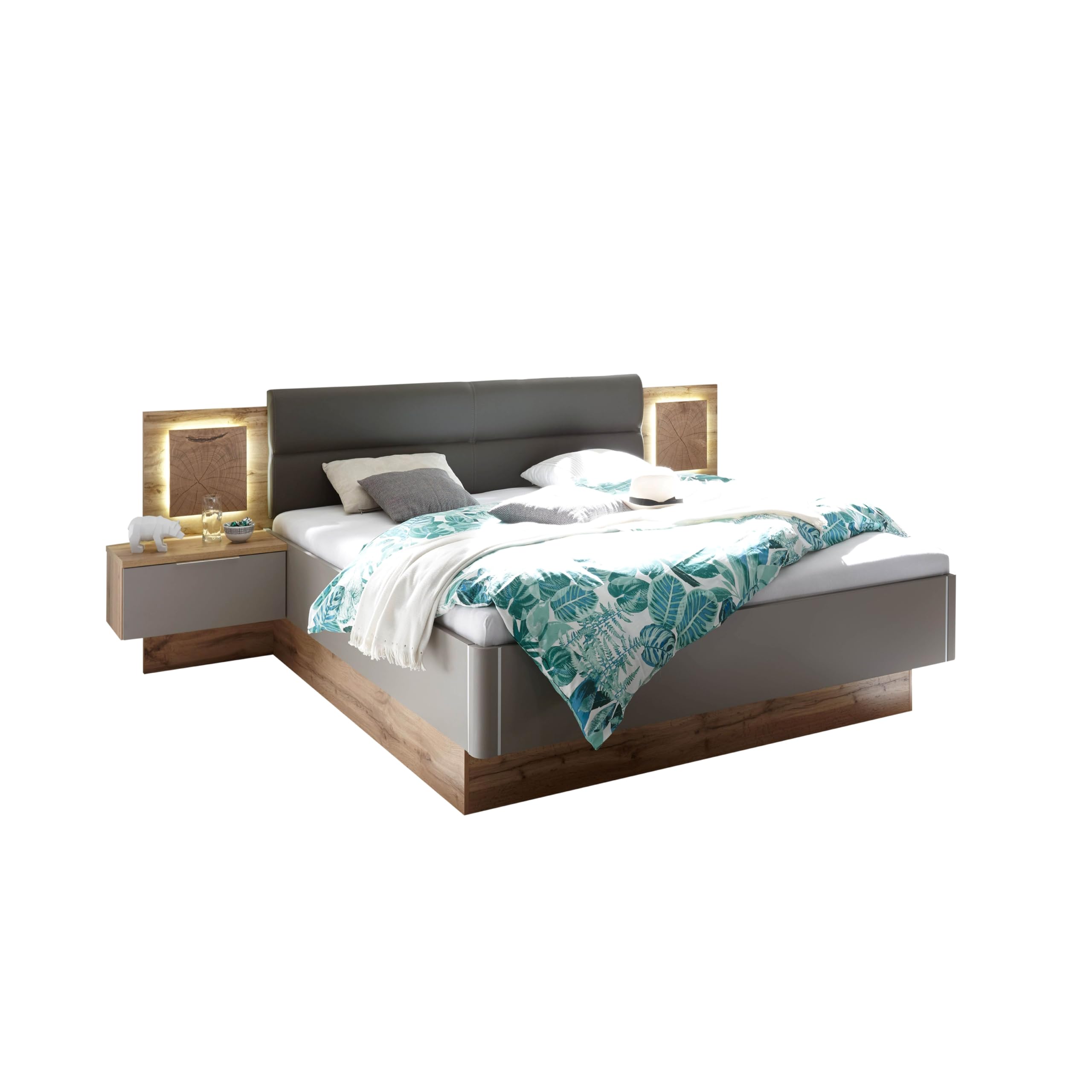 Stella Trading Stilvolle Doppelbett-Bettanlage mit LED-Beleuchtung, 180 x 200 cm – Wildeiche-Optik in Basaltgrau (Schlafzimmer-Komplett-Set)