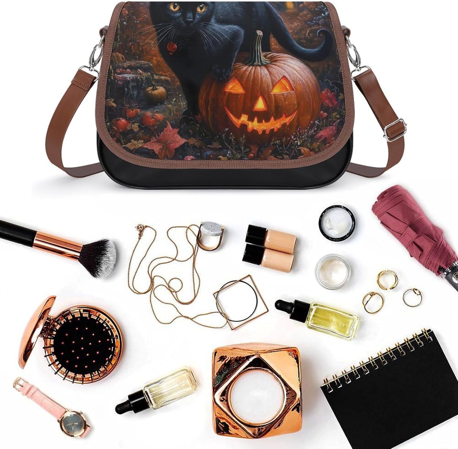Halloween Pumpkin Black Cat Castle Women's Crossbody Bags Leather Messenger Handbag Small Shoulder Bag Purse