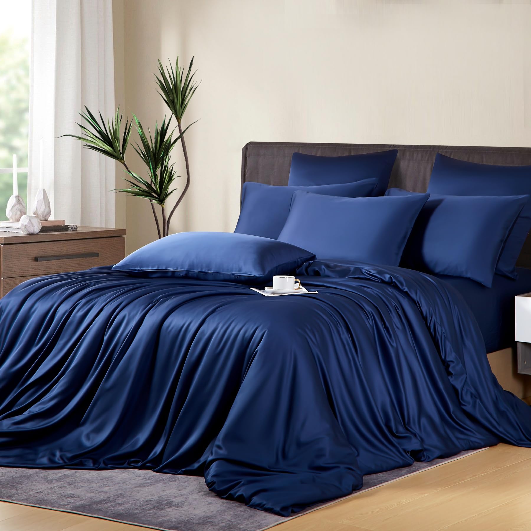 Ropa de cama de bambú de 155 x 220 cm, color azul liso, 50 % bambú lyocell, ropa de cama refrescante, suave y transpirable, de seda sedosa, juego de 3 piezas con cremallera y 2 fundas de