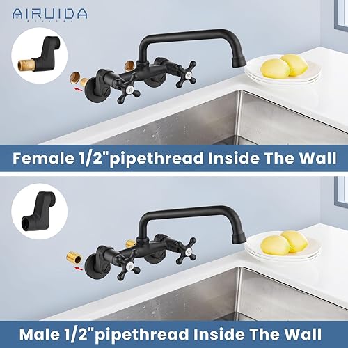 Miniatura 4 de Airuida Grifo de fregadero de cocina de montaje en pared negro mate de 9 pulgadas, alcance comercial, lavadero, restaurante, mezclador, centro