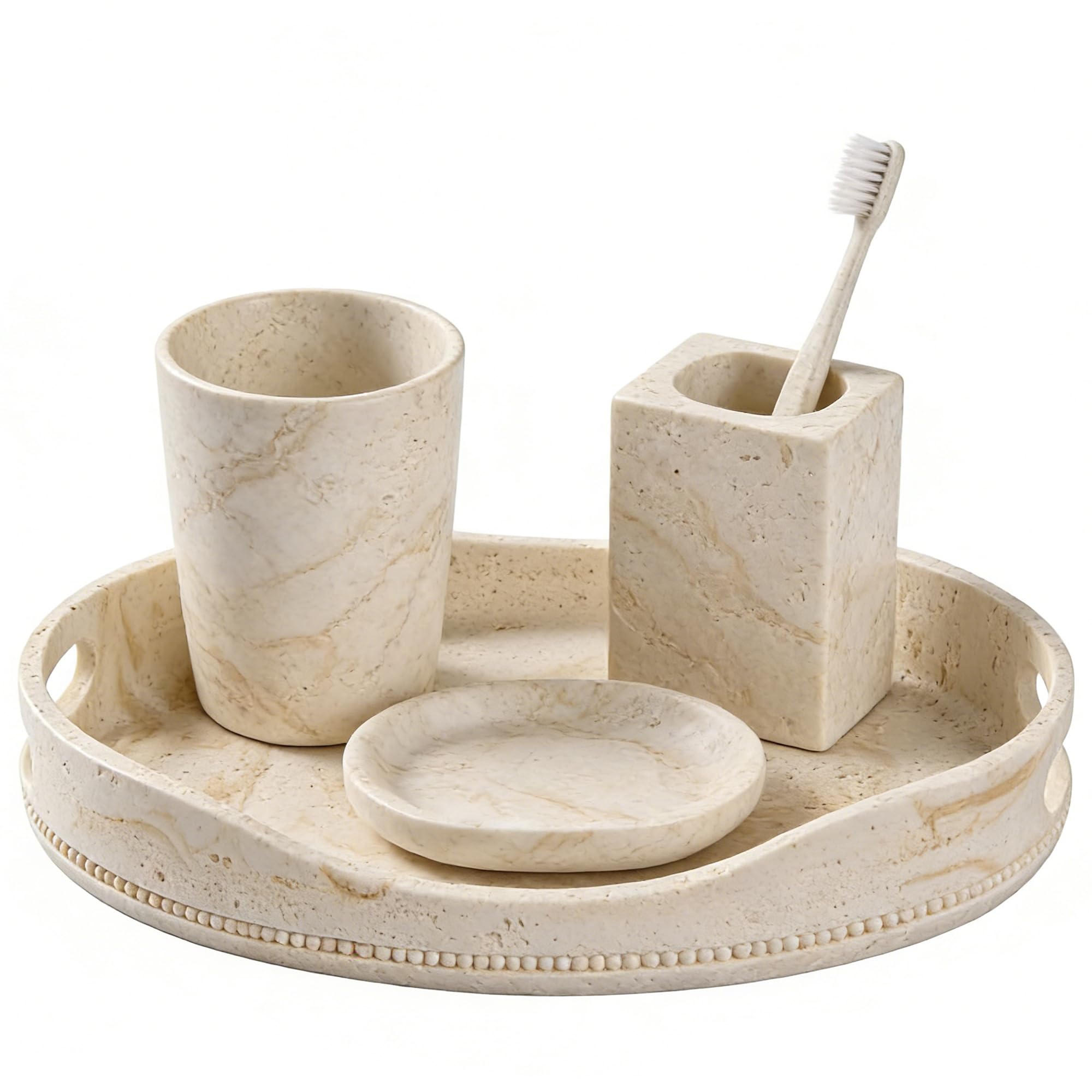 Natural Travertine Textures Serving Tray with Handles - 14x10 inches, Beaded Oval Decorative Tray, Countertop Ottoman Tray for Vanity, Living Room Entryway Table, Perfume Candle Display