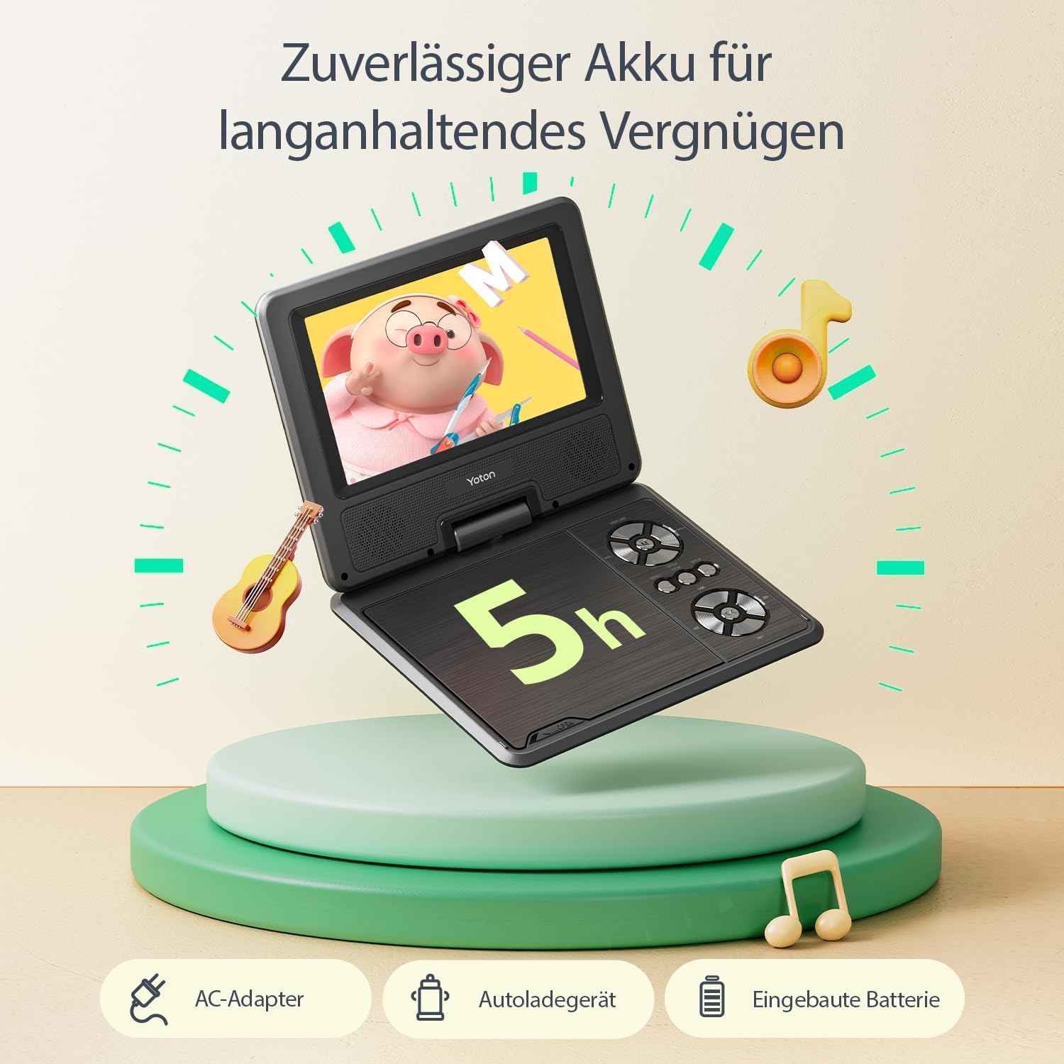 9.5" Tragbarer DVD Player mit 7.5" HD Schwenkbildschirm für Auto und Kinder, 4-6 Stunden Betriebszeit mit eingebautem Akku, Unterstützung für Kopfhörer/AV-IN/AV-Out/USB [Kein Blu-ray Support]