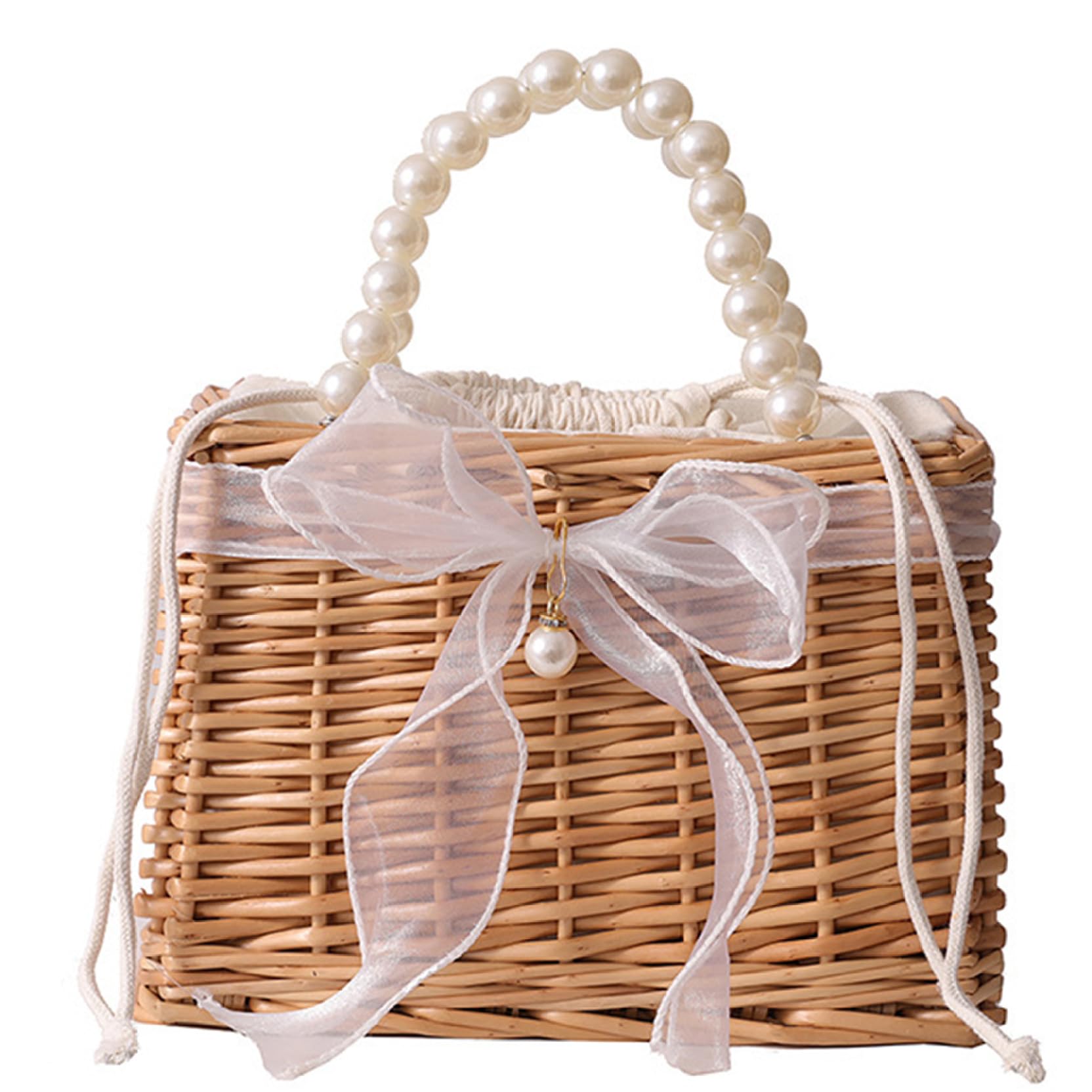 CNAFGBGG Wicker Purse Large Capacty Basket Purse Elegant Straw Handbag with Pearl Handle and Knotbow Ribbon Top Open Rattan with Linning Basket Bag for Summer Beach..