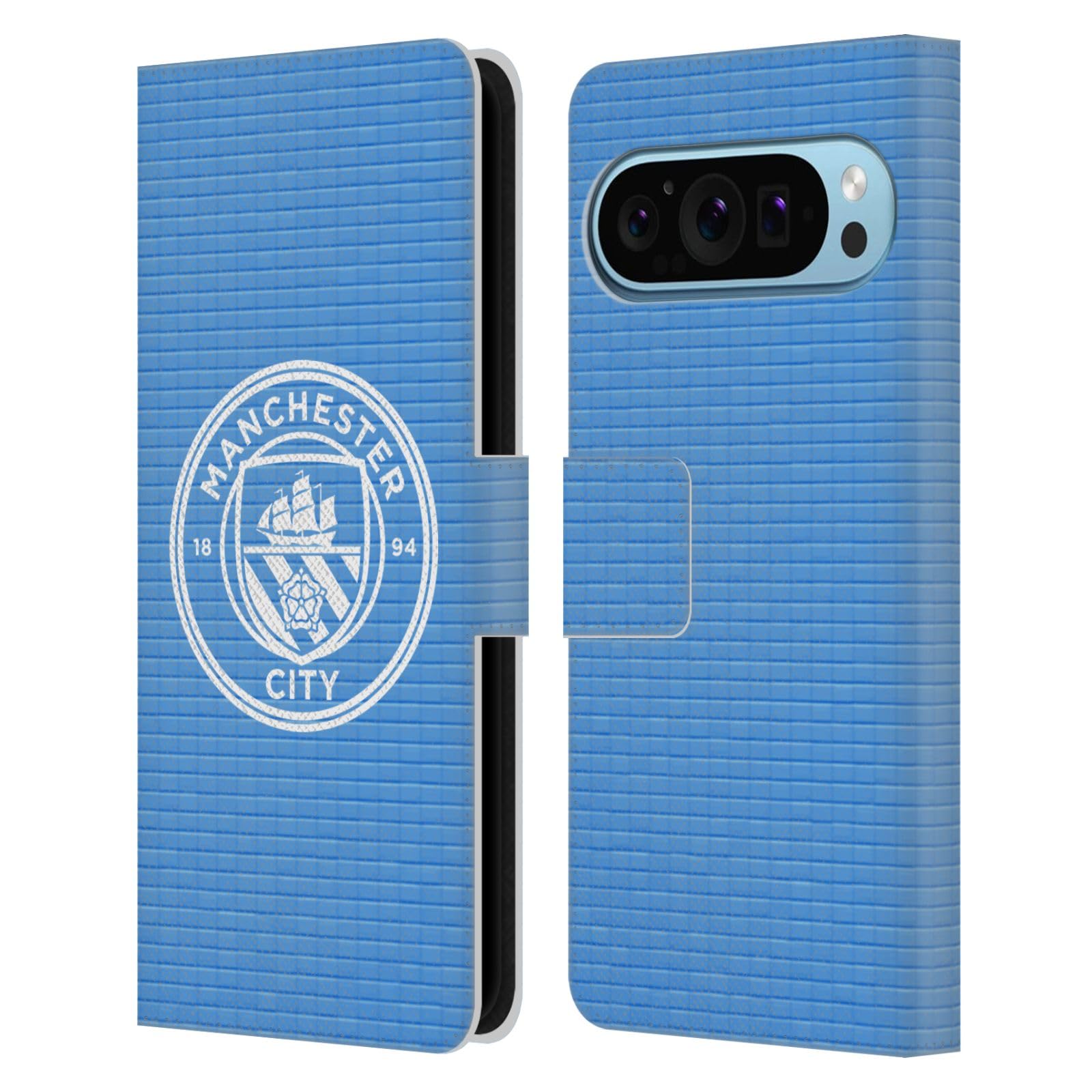 Head Case Designs Officially Licensed Manchester City Man City FC Blue Tile White Mono Badge Pixels Leather Wallet Case Compatible With Google Pixel 9 / Pixel 9 Pro