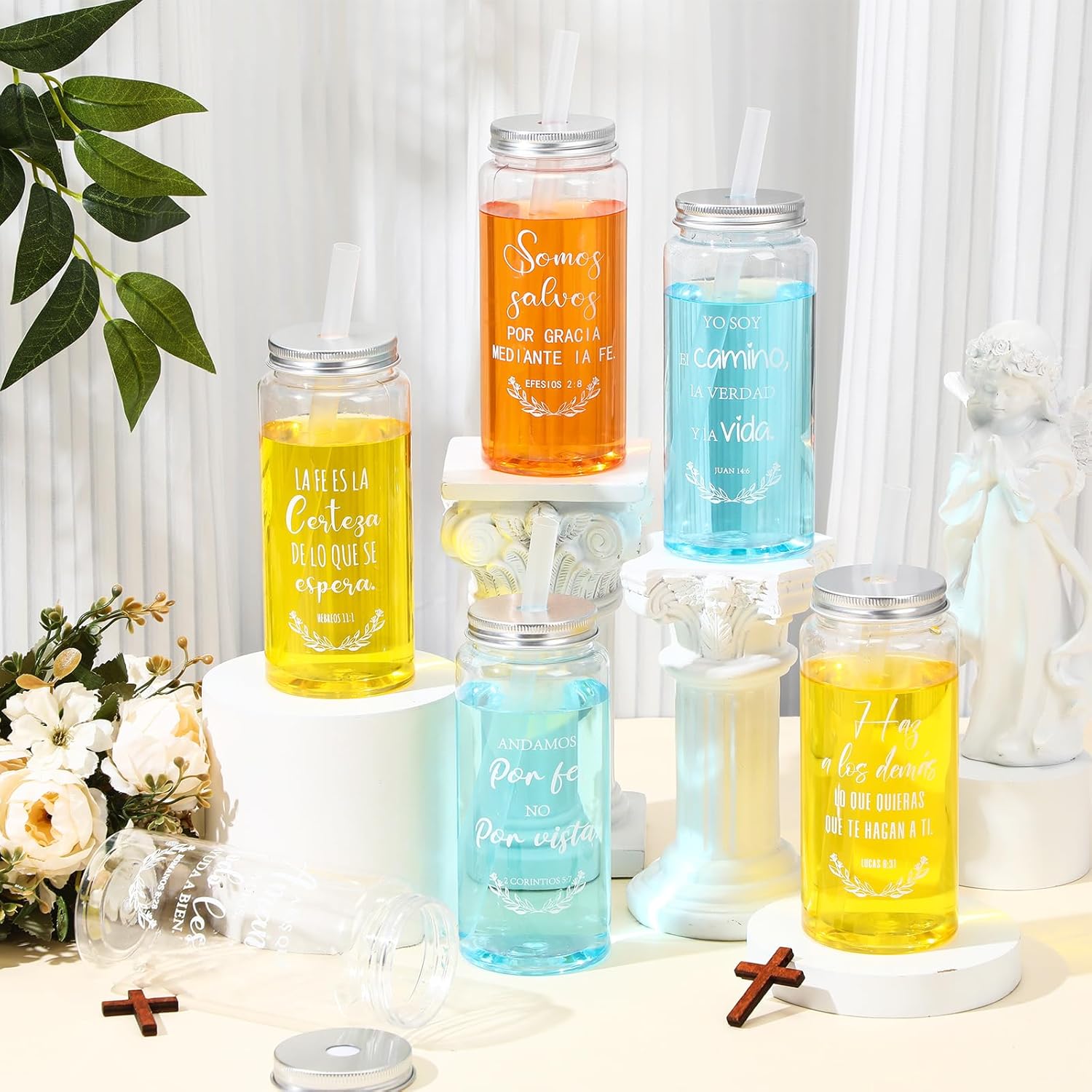 40 Pcs Christian Gifts Bulk Religious Plastic Mason Jar Cups with Lids and Straws 13.5 oz Reusable Bible Verse Cups Scripture Tumblers for Church Sunday School(Spain)