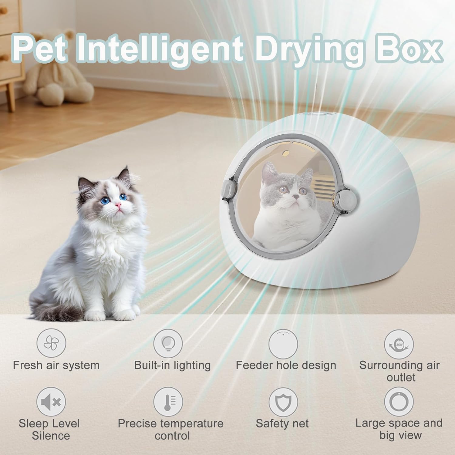 Pet Dryer Box for Cats and Small Dogs Within 7.5kg/16.53lbs, 5-90Minute Drying, 45dB Ultra Quiet Automatic Cat Dryer Box, 360° Full Body Drying with Light Safe Door Lock and Screen Display