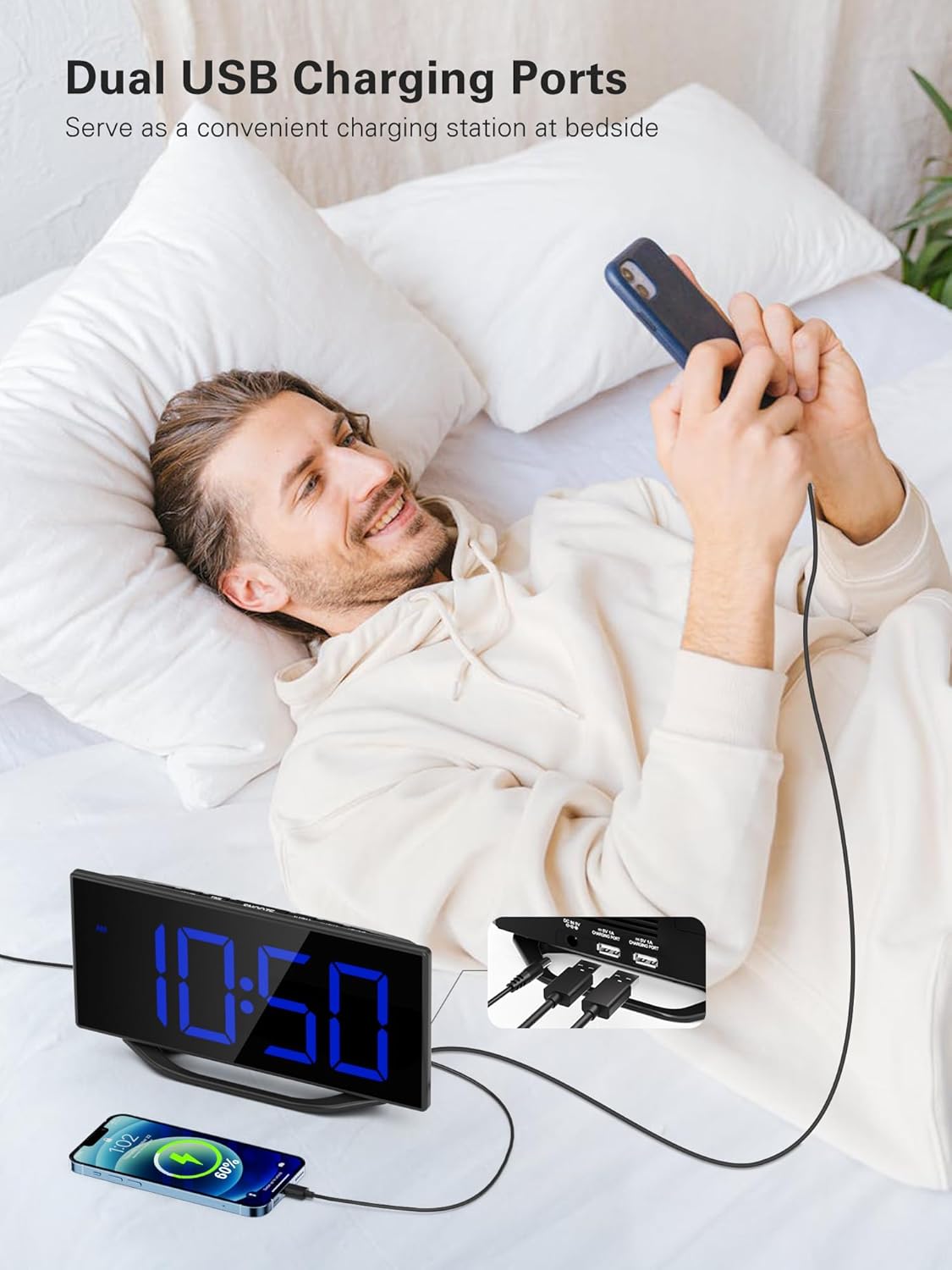 Person using the dual USB charging ports on the Roxicosly Digital Wooden Alarm Clock to charge a smartphone.