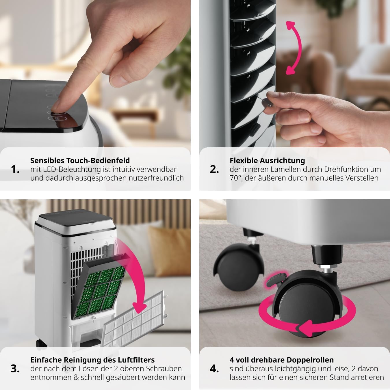 Detailní view of tectake air cooler showing touch panel, adjustable louvers, filter removal, and caster wheels