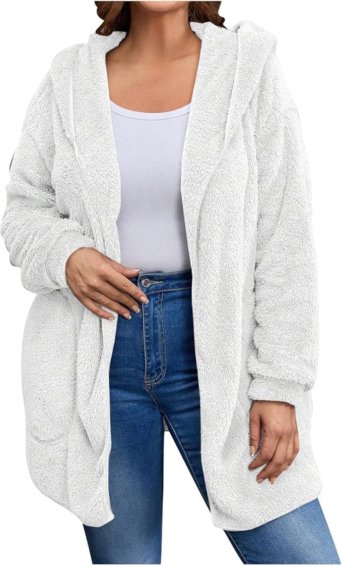 Women's Sherpa Fuzzy Jacket Hoodie Open Front Fleece Hooded Jackets Cardigan Warm Outerwear Fall Coat with Pockets
