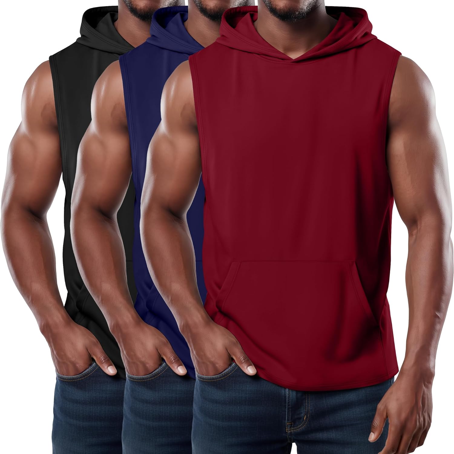 3 Pack Men's Workout Hooded Tank Tops Sleeveless Gym Hoodies Muscle Bodybuilding Cut Off Shirts