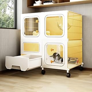 Jaulas para Gatos de Interior, Grandes jaulas de Alambre metálico, recintos para Gatos de Interior, Amplio Espacio de Ejercicio con polea y Caja de Arena (Color: Amarillo, tamaño: