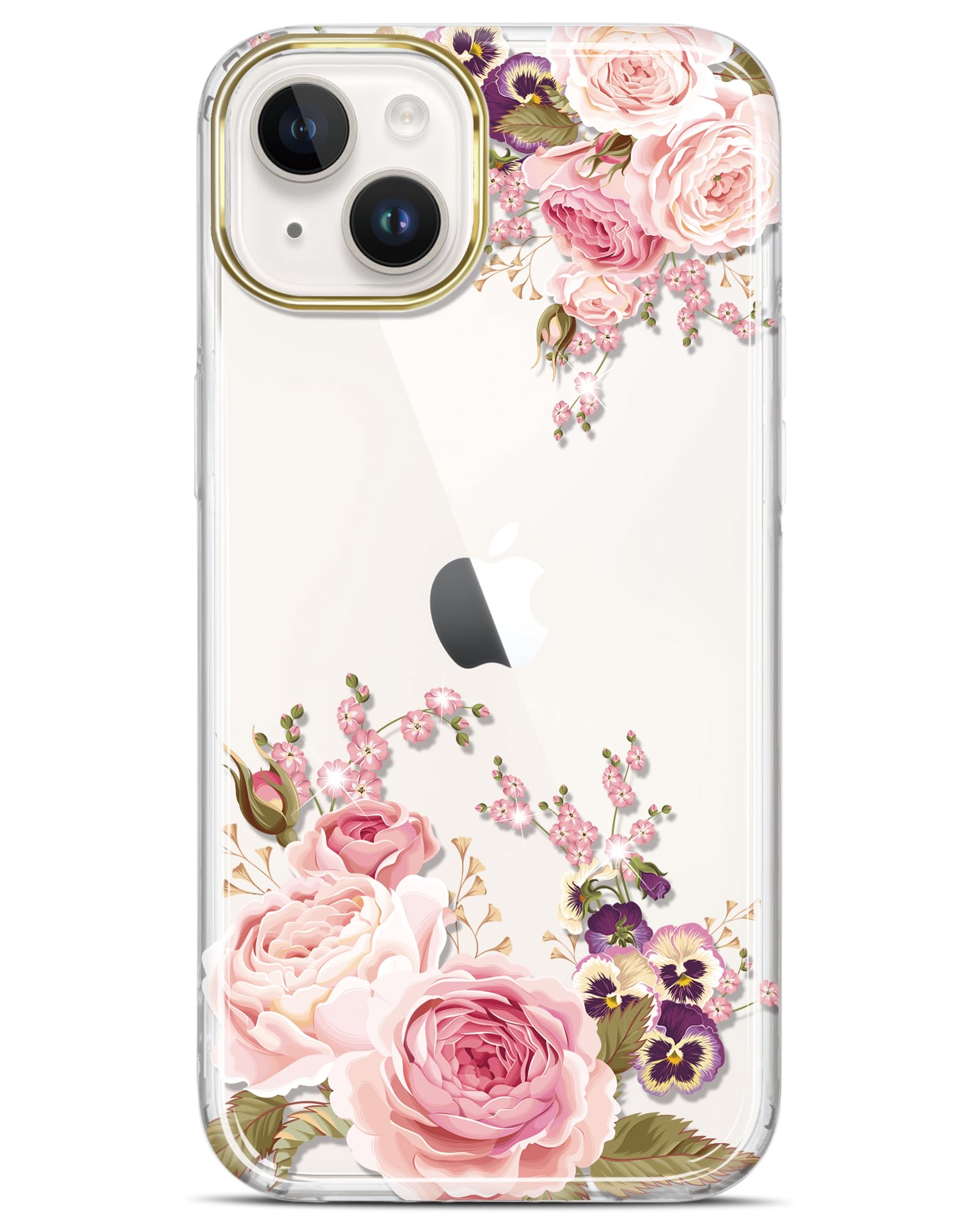 JAHOLANClear Case for iPhone 15 Plus Glitter Plating Floral Flower Design Protective Shockproof Slim TPU Anti-Yellowing Hard Back Cover Phone Case for Girls Women 6.7" 2023 Rose Pink