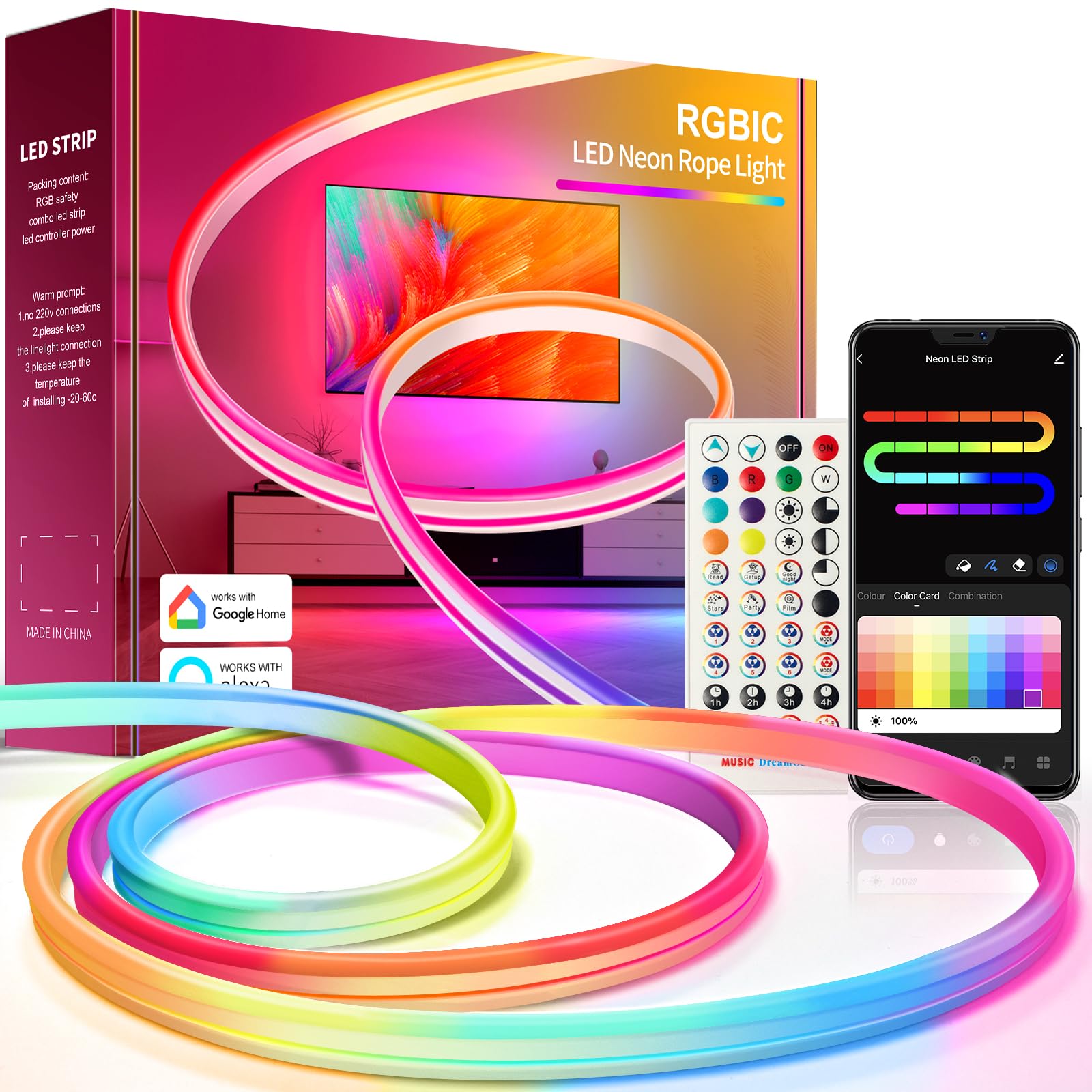 Nixtrve Striscia LED neon RGB 3 m, con controllo app, design fai da te, funziona con Alexa, controllo segmento, sincronizzazione musicale, LED neon per soggiorno, camera da letto, decorazione da
