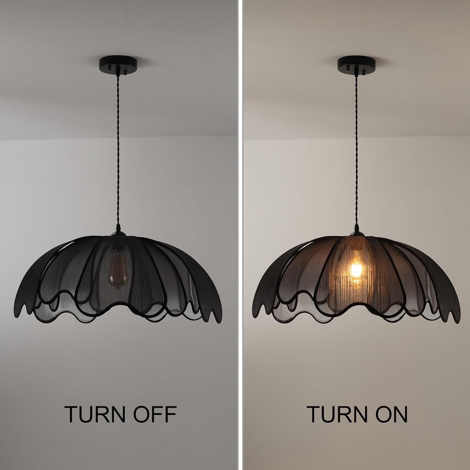 Boho Light Fixture, 24" Hand Woven Rattan Chandelier, Black Fabric Boho Chandelier, Living Room, Kitchen, Bedroom and Restaurant