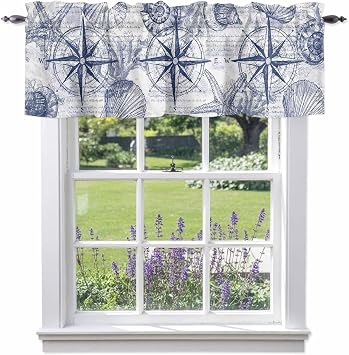 Vintage Nautical Valances for Windows Summer Navy Blue Compass Shell Starfish Map Rod Pocket Curtain Valance Window Treatment Short Curtains for Kitchen Living Room, 42"x18"
