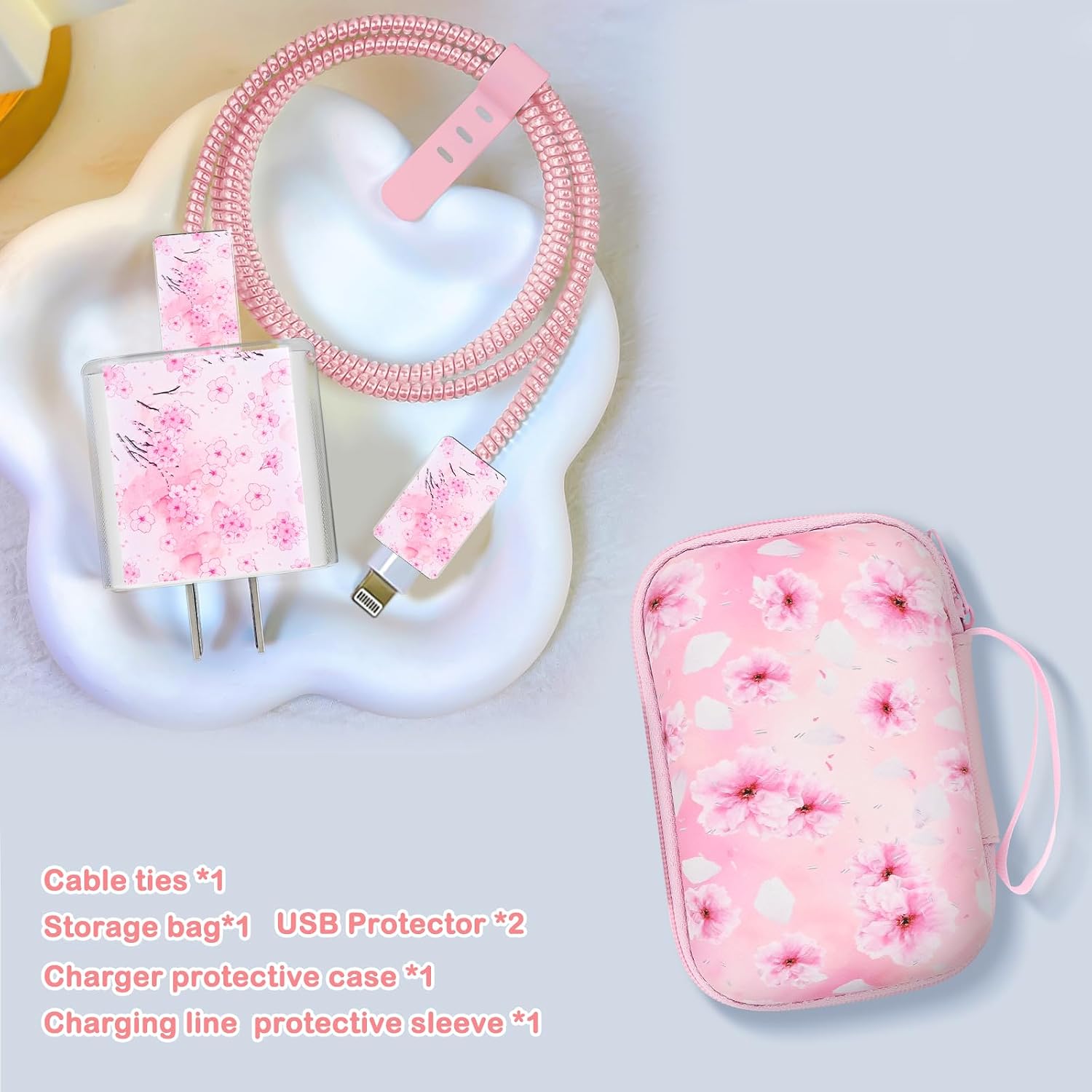 Phone Charger Case Storage Set with Cherry Blossom Cable Protector with Carrying Cable Case Bag,Cord Organizer, USB Earphone Wire Saver Organizer Charger Protector for iPhone (Pink Cherry Blossom)