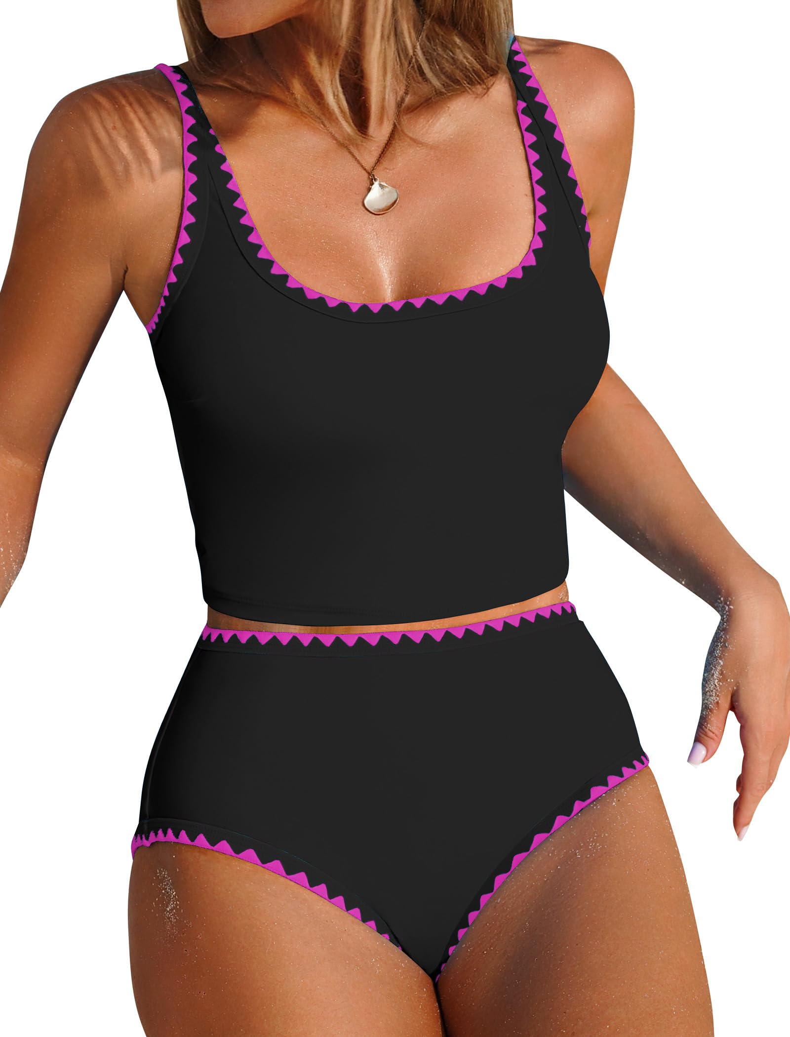 Photo 1 of ZAFUL Tankini Swimsuit Tummy Control Bathing Suits Two Piece Swimwear Swim Top with High Waisted Bottom Black&Hot Pink L